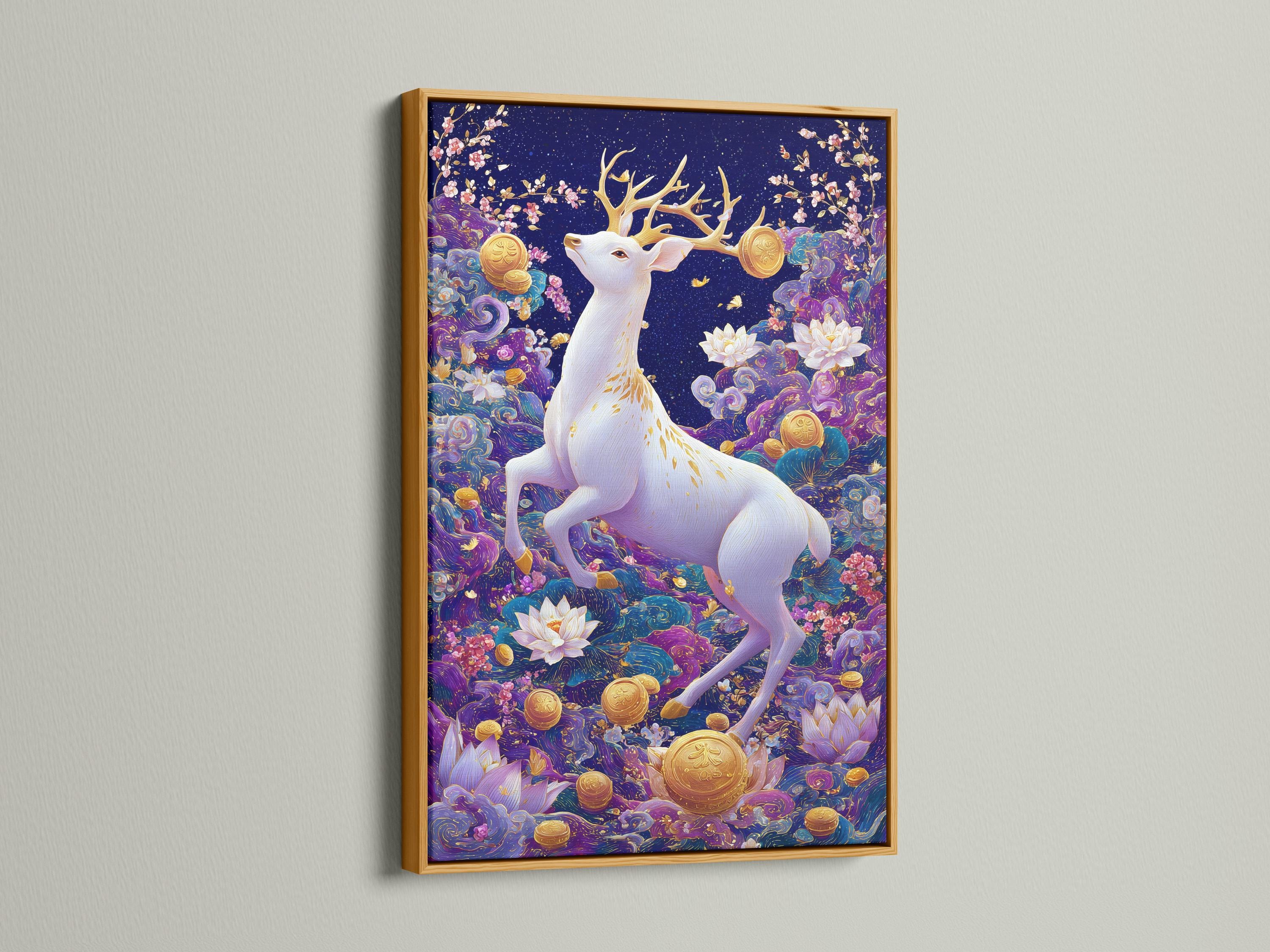 White deer with branching antlers in a navy and purple fantasy scene with lotus flowers and gold coins detail view