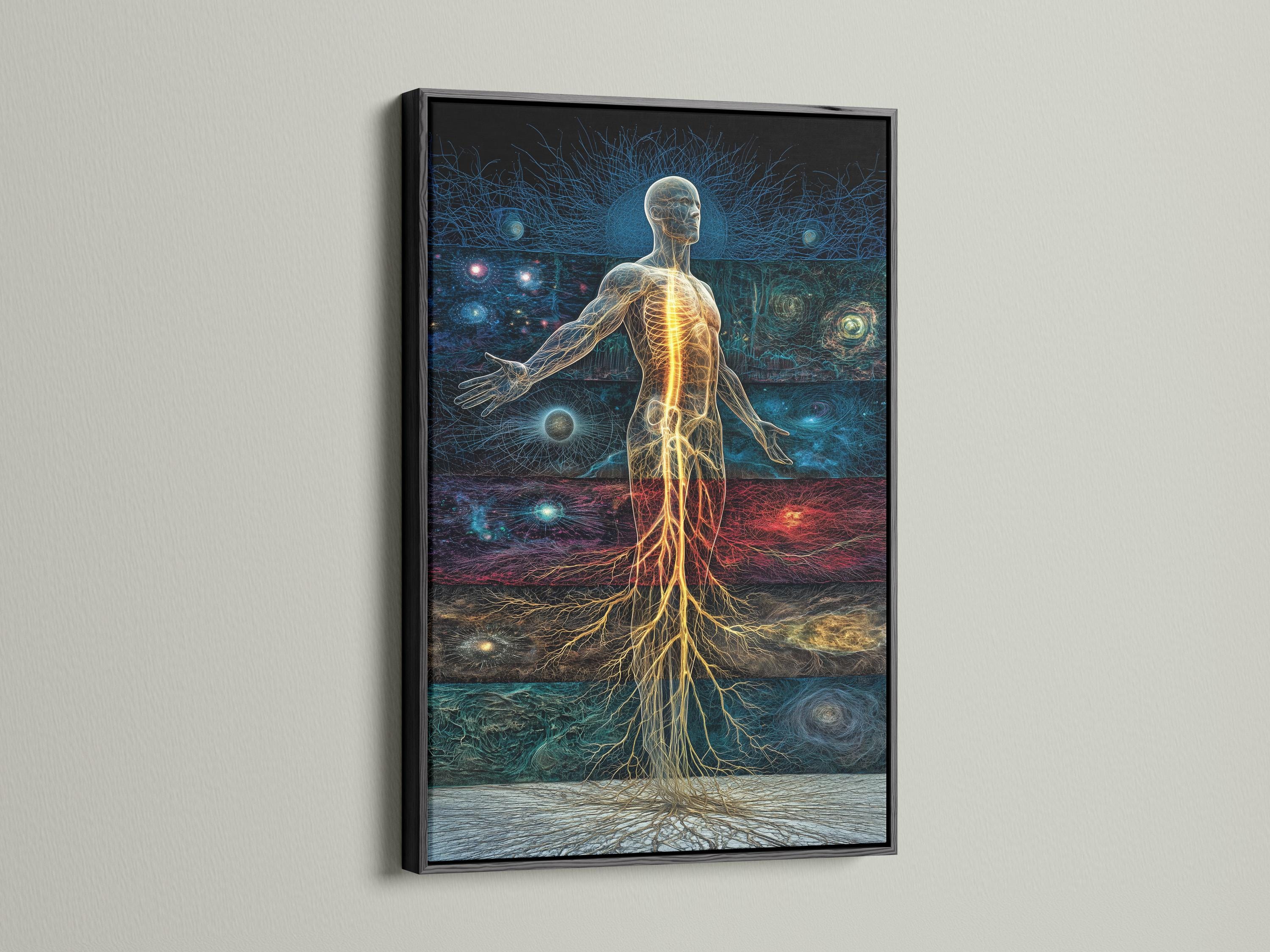 Woman standing beside a framed artwork showing a glowing energy human figure in blue, teal and red