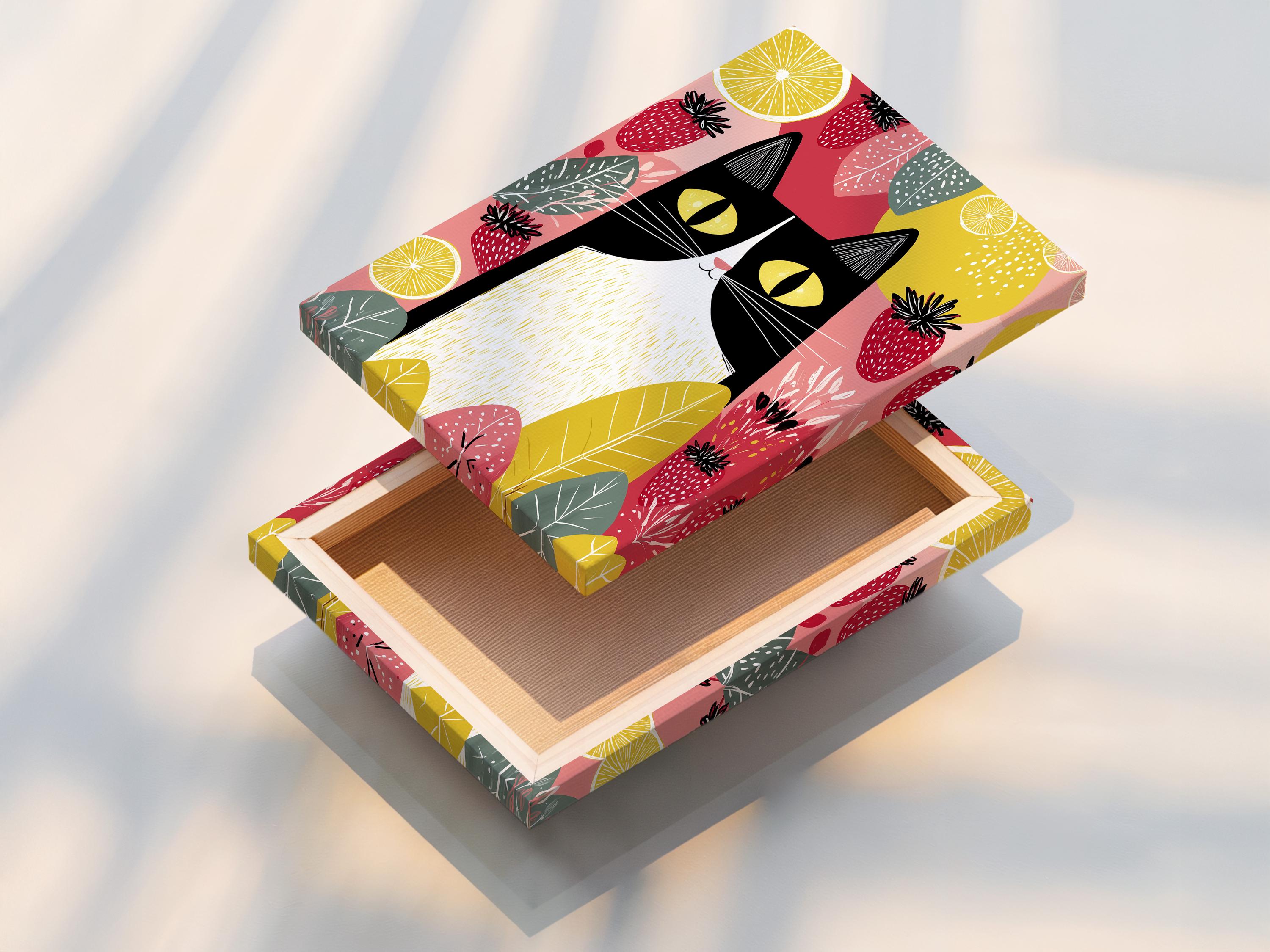 Illustrated black cat with yellow eyes surrounded by strawberries, citrus slices and leaves detail view