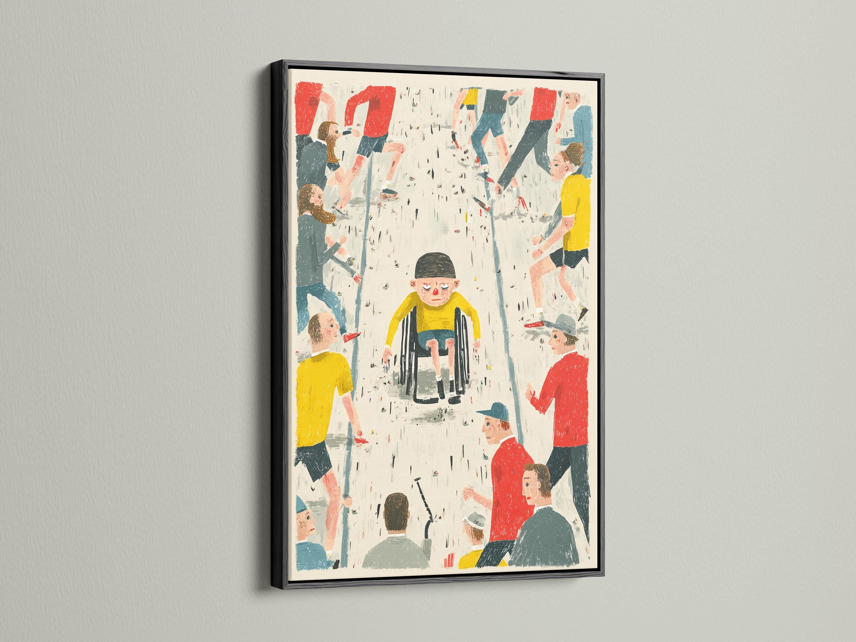 Illustrated community crowd scene with people in red, yellow and blue-green and rain-like speckles detail view