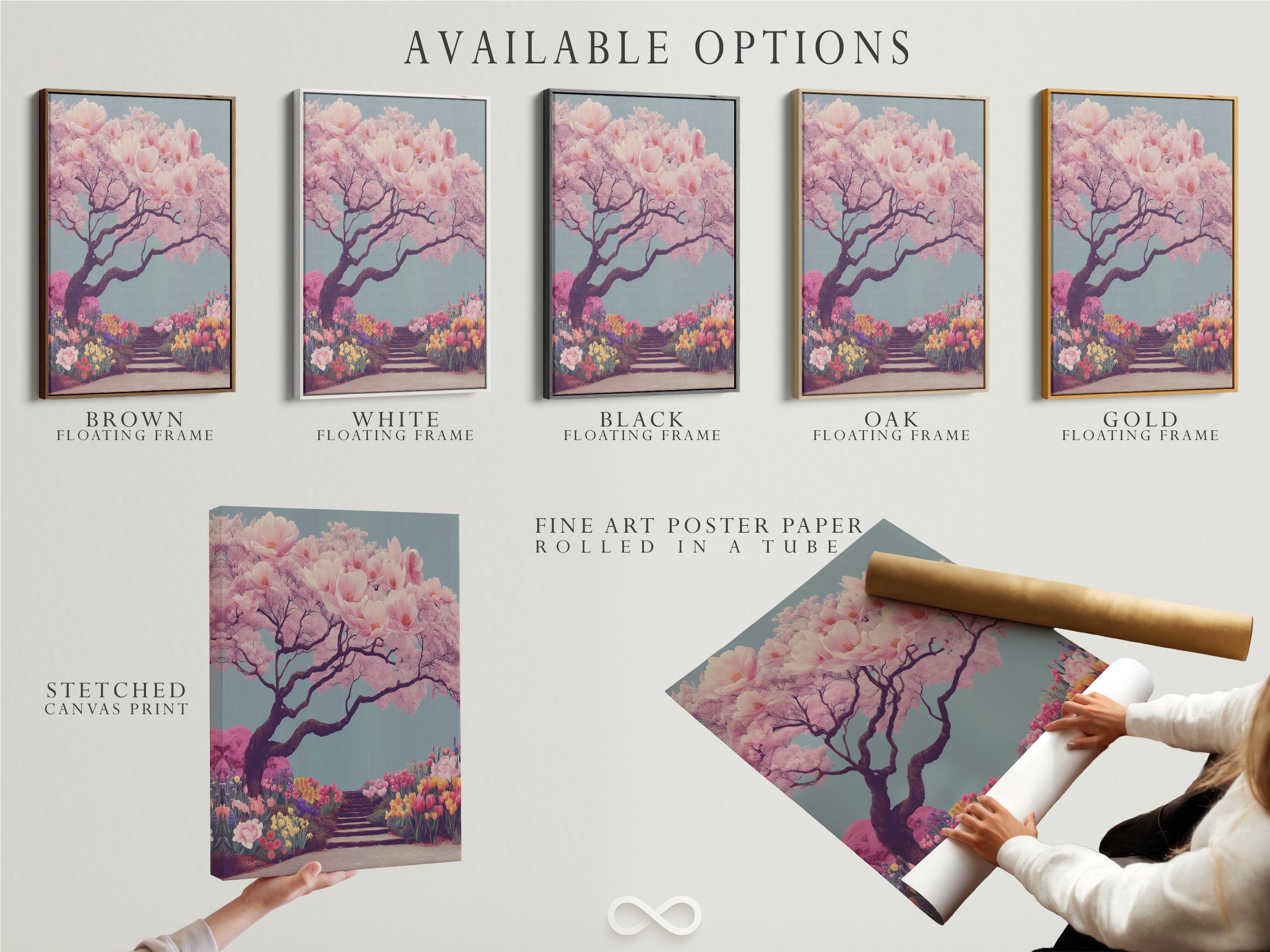 Cherry blossom tree illustration with pale pink blossoms and a winding flower-lined path detail view