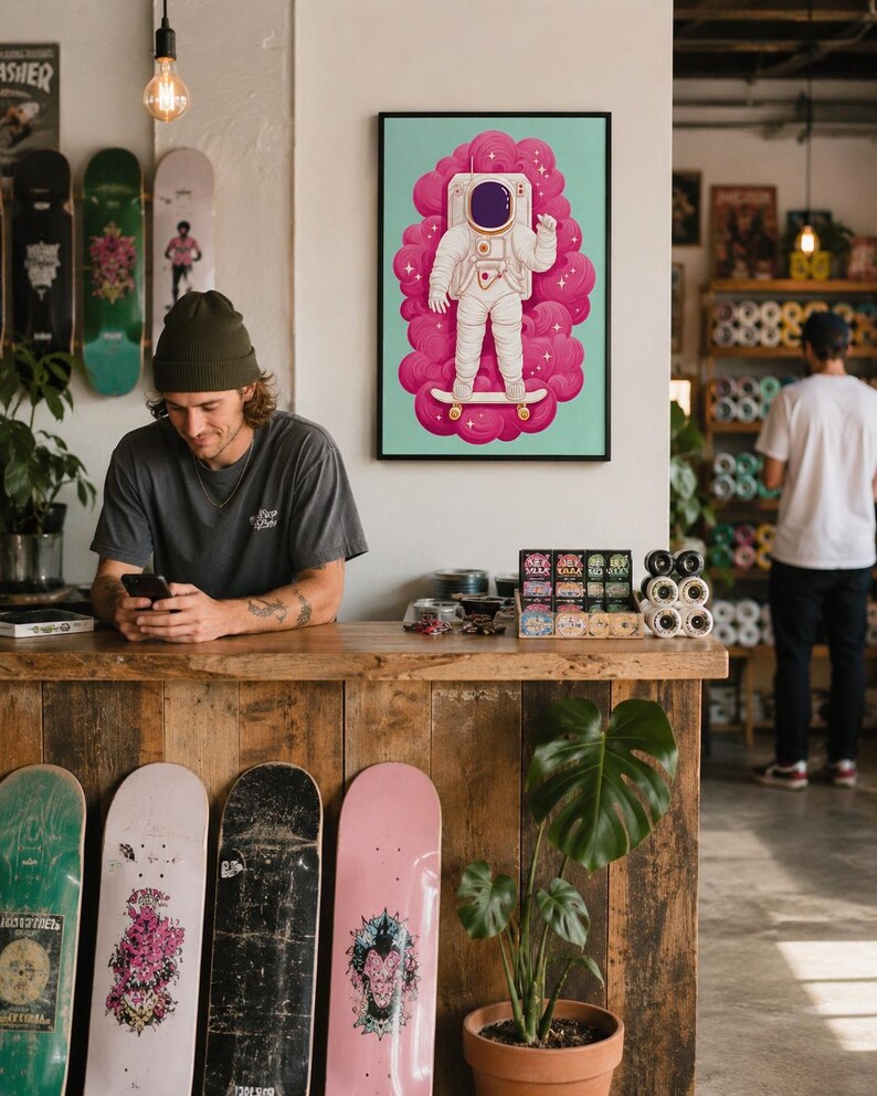 Cartoon astronaut standing on a skateboard with a hot pink cloud swirl background