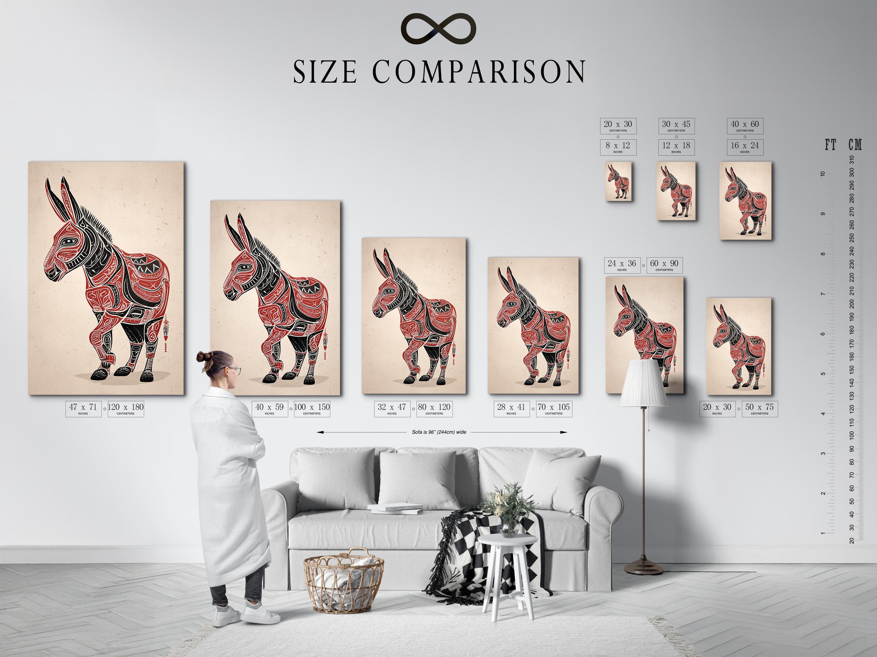 Stylised donkey illustration in black and red with patterned line details on an off-white textured background detail view