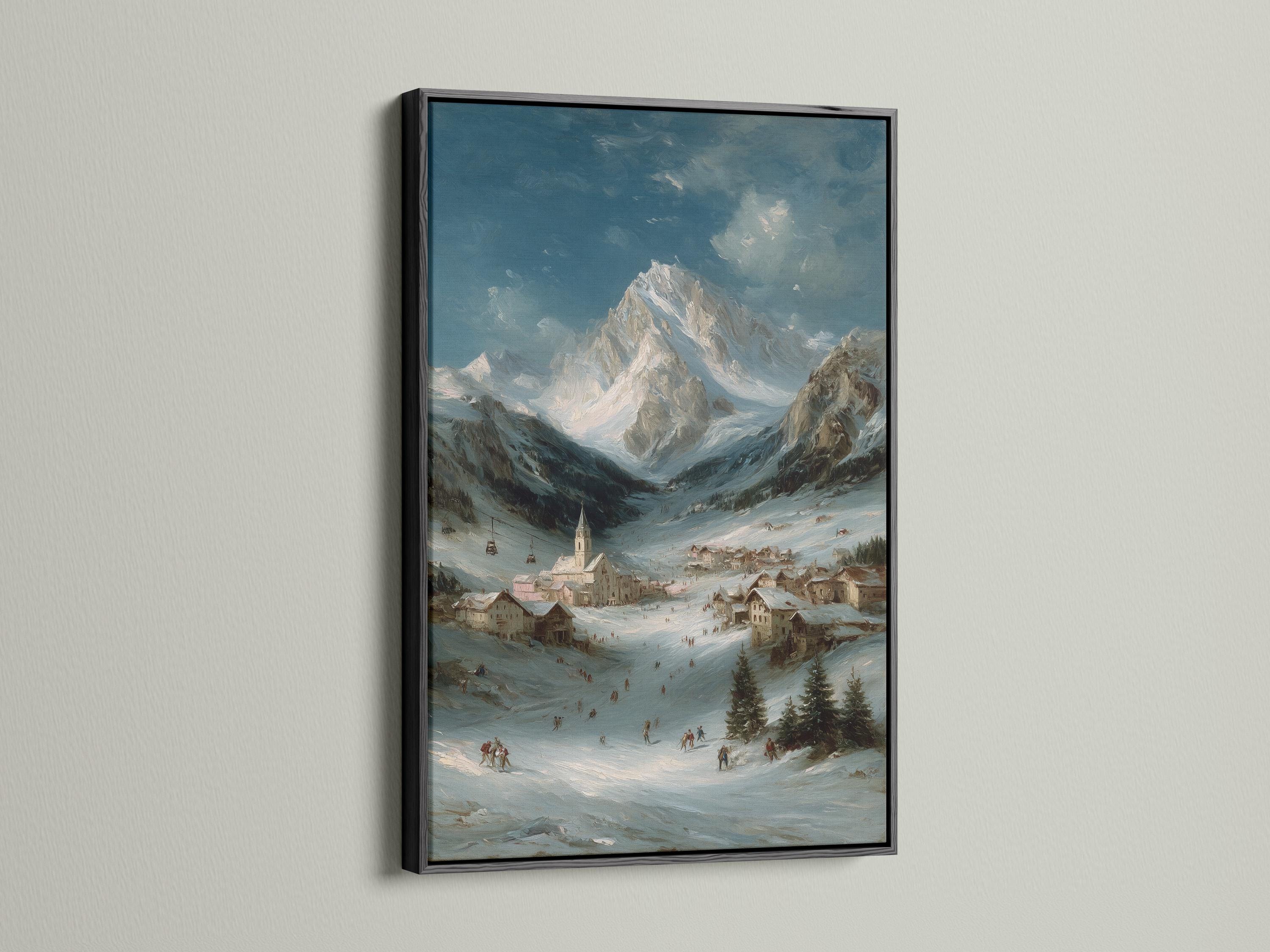 Snowy mountain valley painting with a village, church tower, skiers, evergreens and distant peaks detail view