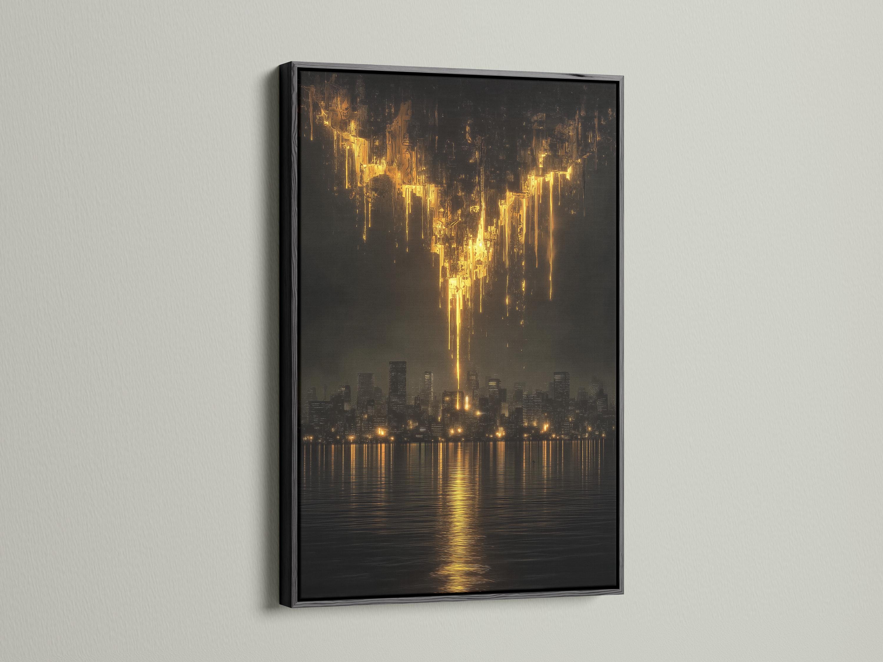 Abstract black and gold night cityscape with golden light streaks and water reflections detail view