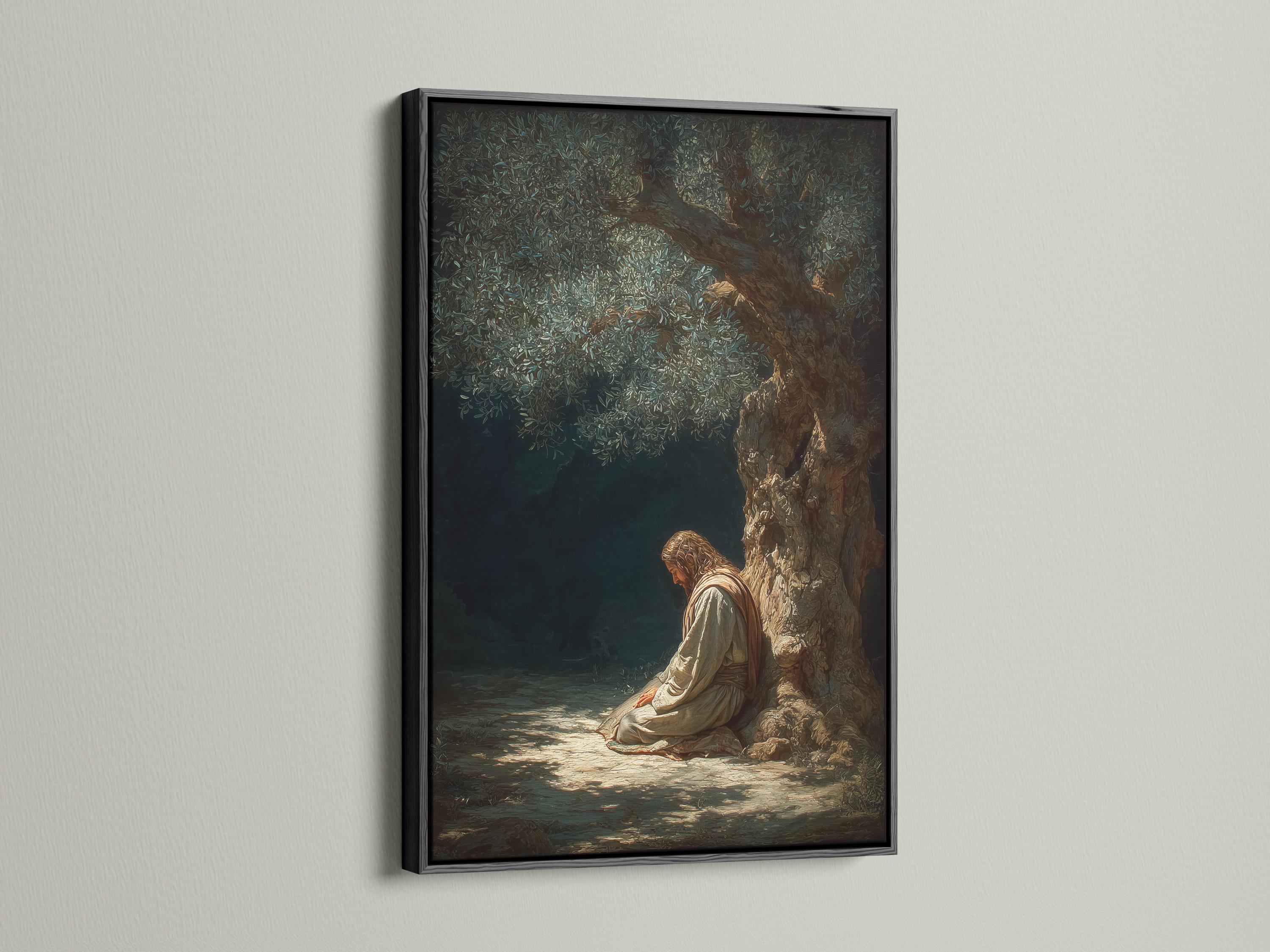 Olive tree praying figure artwork with muted greens and warm gold highlights detail view