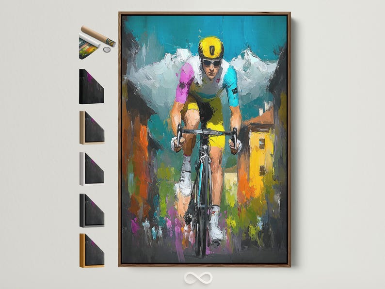 A painterly cycling scene shows two riders in bright helmets and jerseys, framed by colourful trackside vegetation and bold teal, yellow and magenta