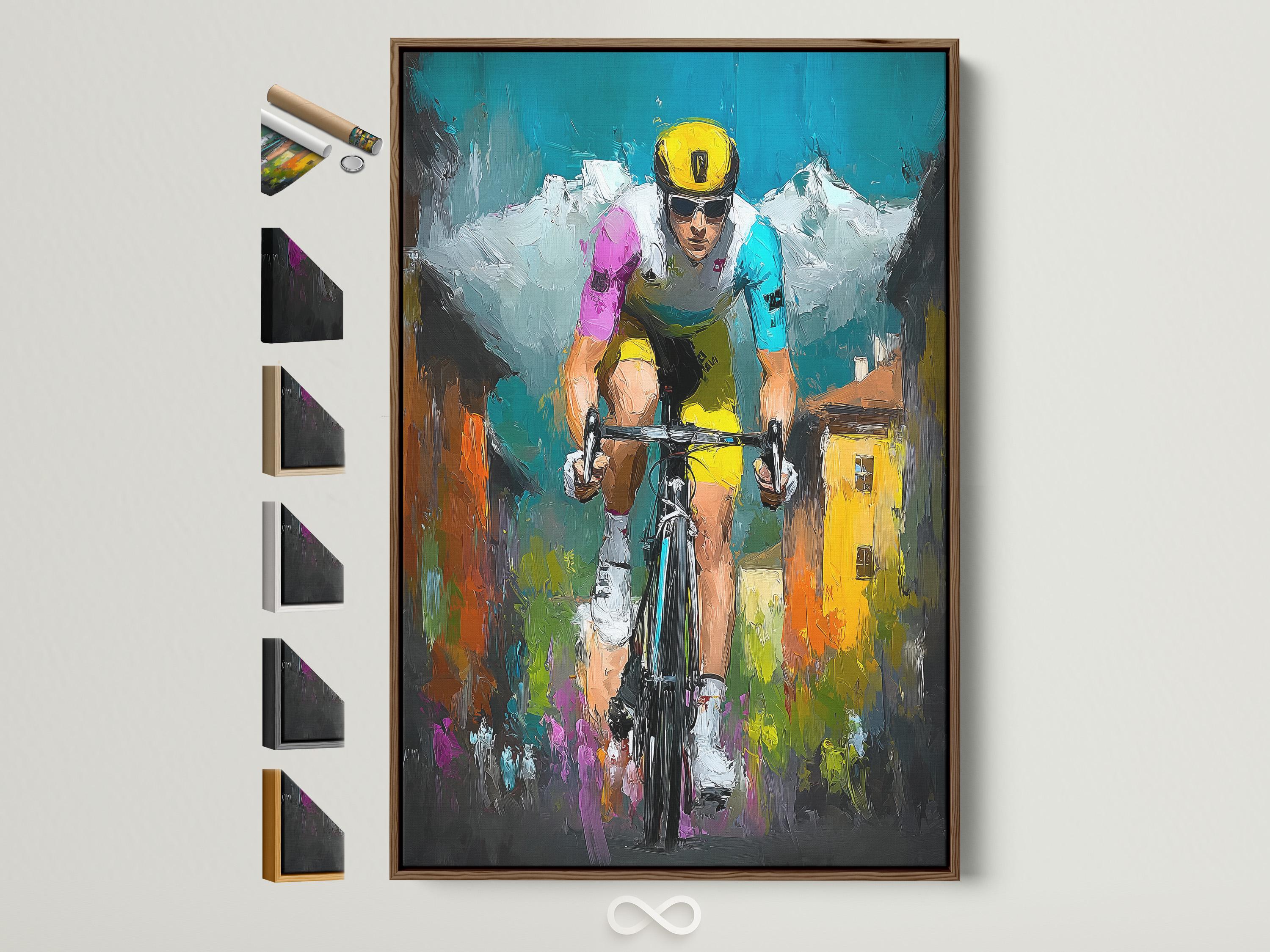 A painterly cycling scene shows two riders in bright helmets and jerseys, framed by colourful trackside vegetation and bold teal, yellow and magenta