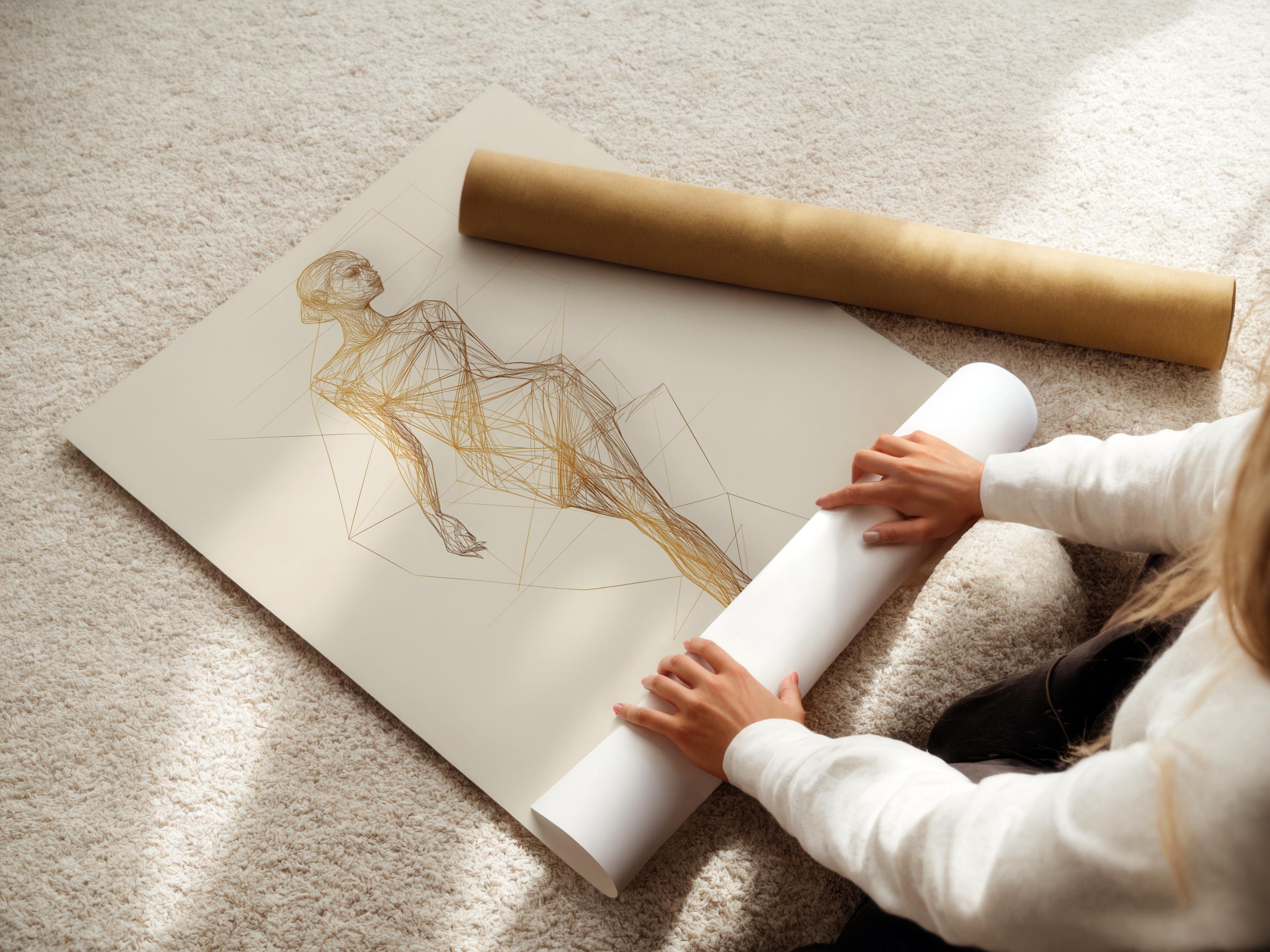 Minimalist gold line drawing of a standing woman with faint geometric grid lines detail view