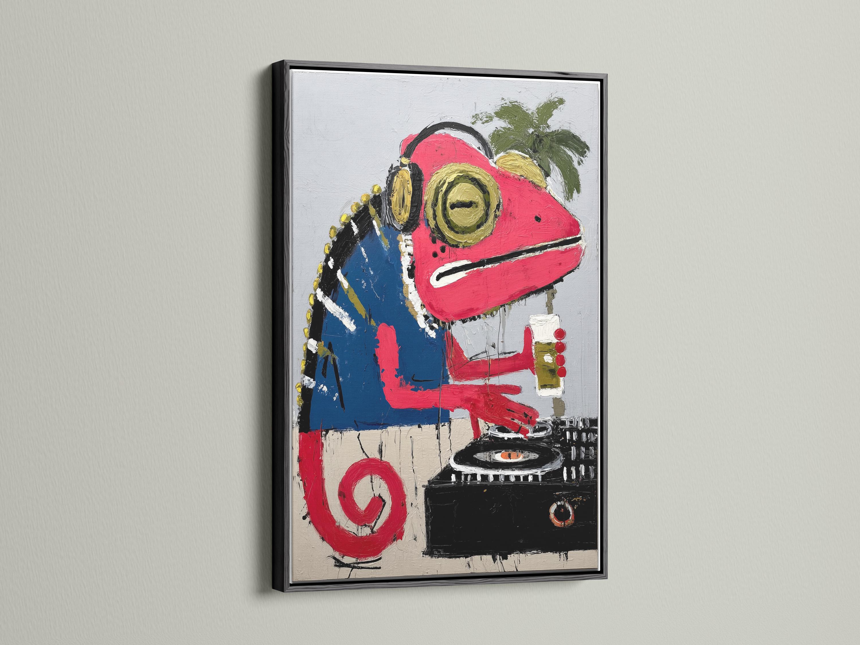 Stylised red iguana DJ illustration with oversized headphones, tropical leaves and a console detail view