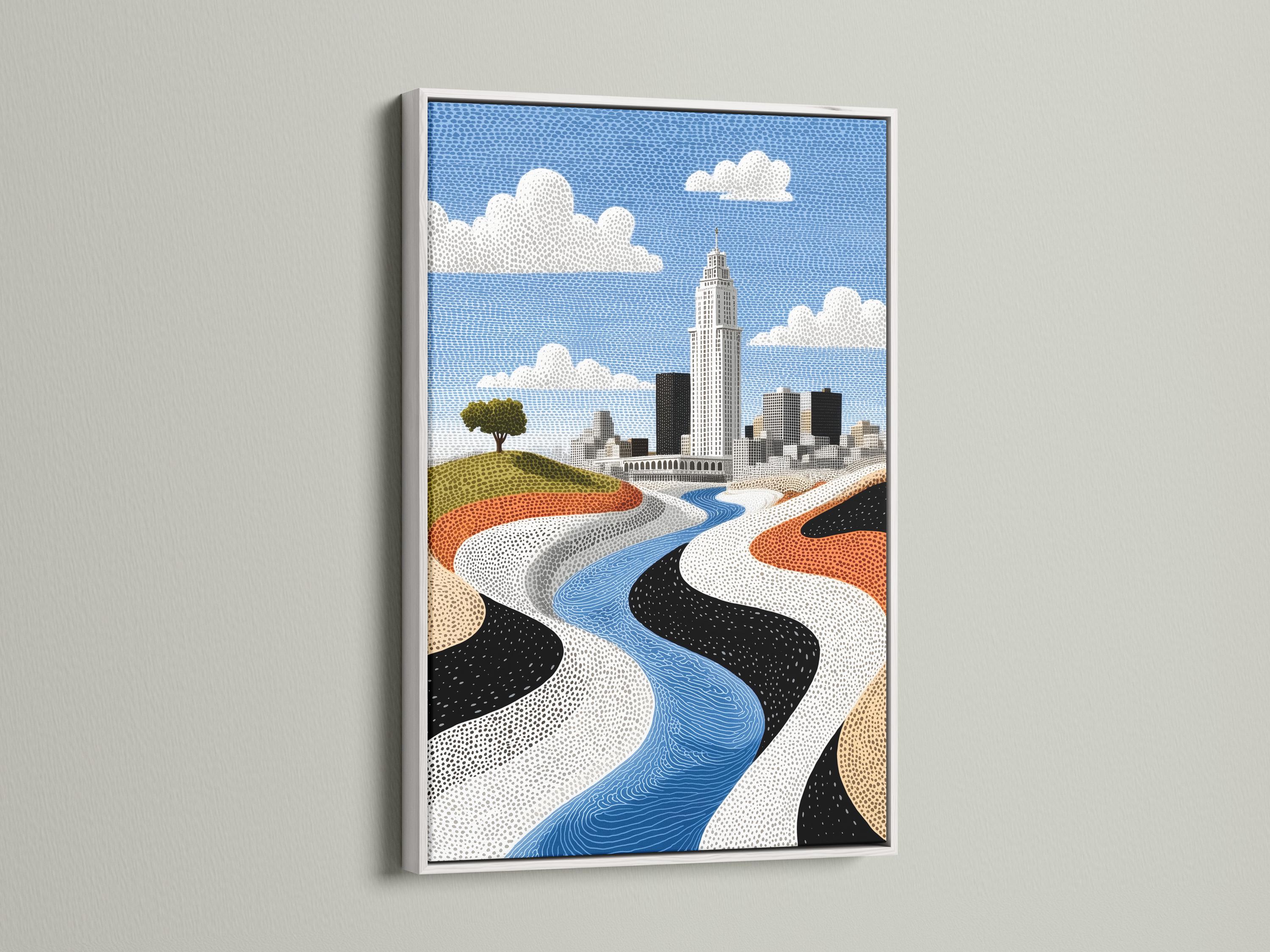 Room mockup showing a framed cityscape artwork with a blue river and skyline