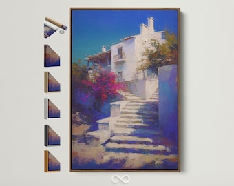 Santorini Greece Canvas Art Print - Mediterranean Coastal Wall Art, Blue & White Staircase Artwork, Greek Island Home Decor, Travel Decor