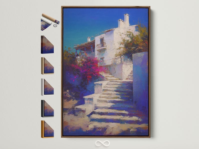 Painterly blue sky coastal buildings with whitewashed walls and vivid magenta vegetation