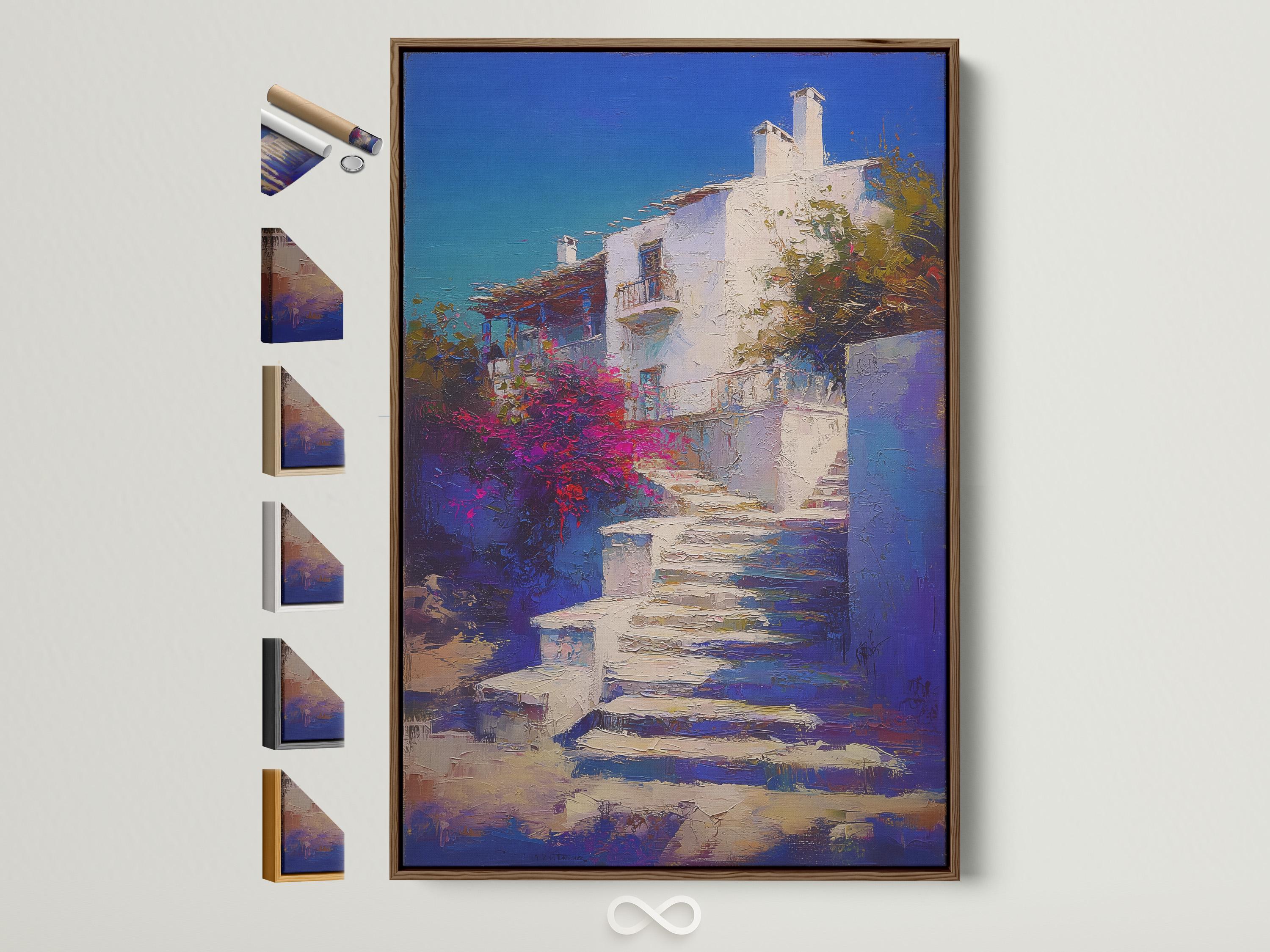 Painterly blue sky coastal buildings with whitewashed walls and vivid magenta vegetation