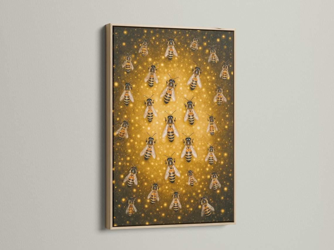 Illustrated bees with black and yellow stripes on a warm golden honeycomb-like background detail view