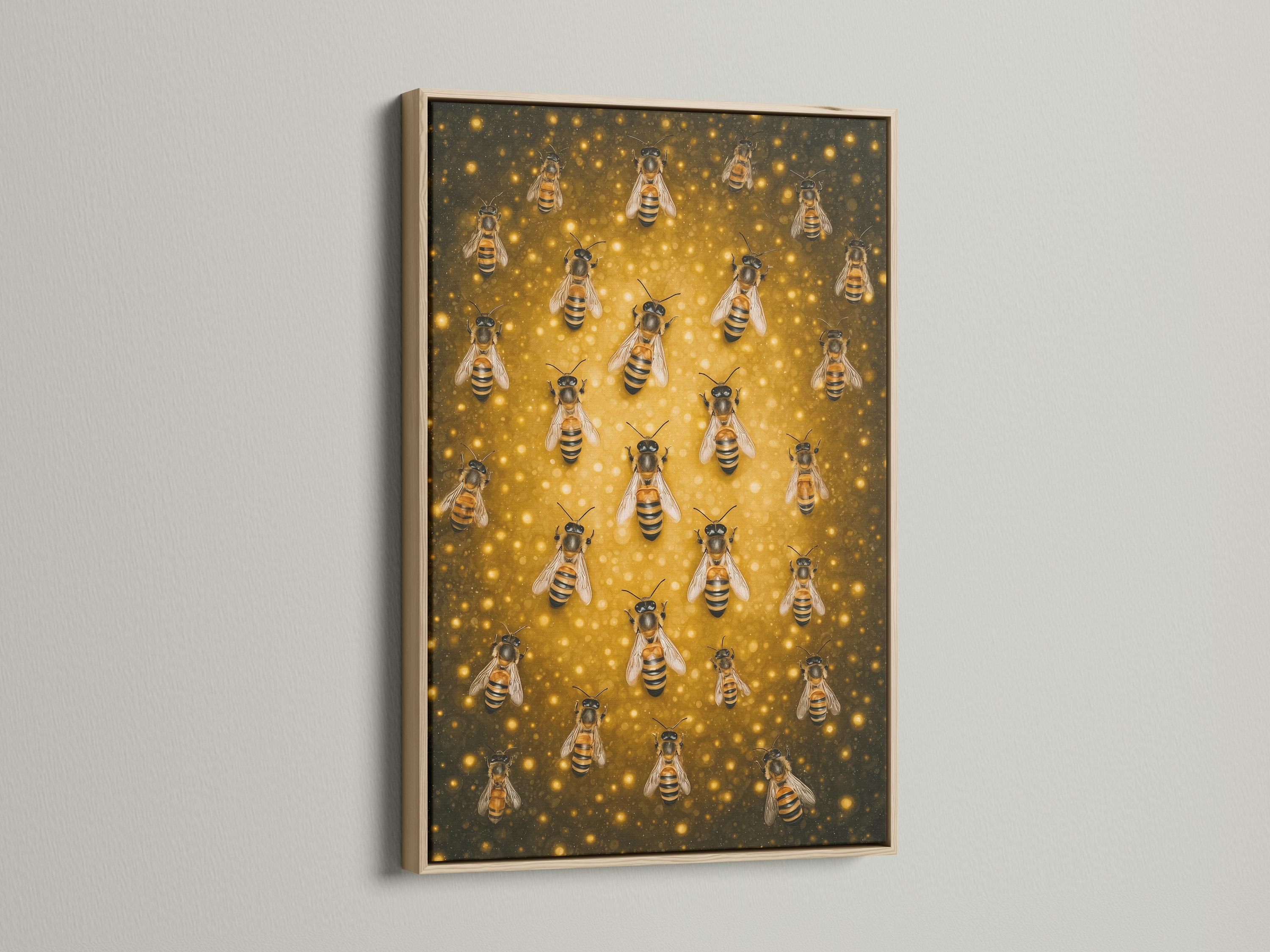 Illustrated bees with black and yellow stripes on a warm golden honeycomb-like background detail view