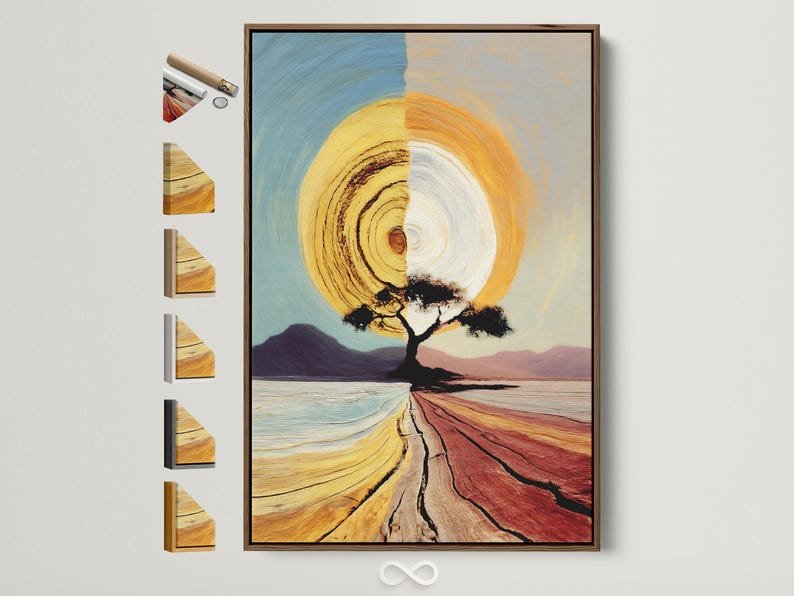 Abstract landscape with a golden sun, dark tree silhouette and curved red path bands
