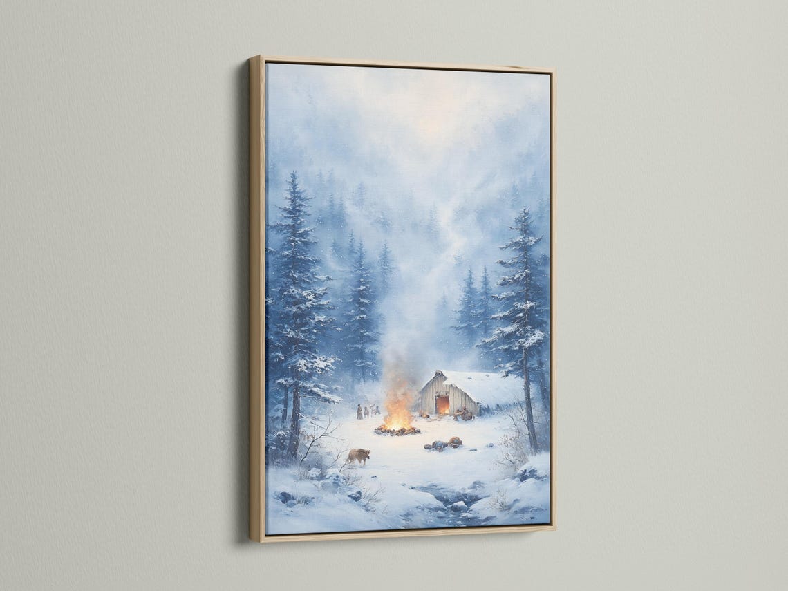 Snowy winter forest scene with a cabin and warm firelight among tall trees detail view