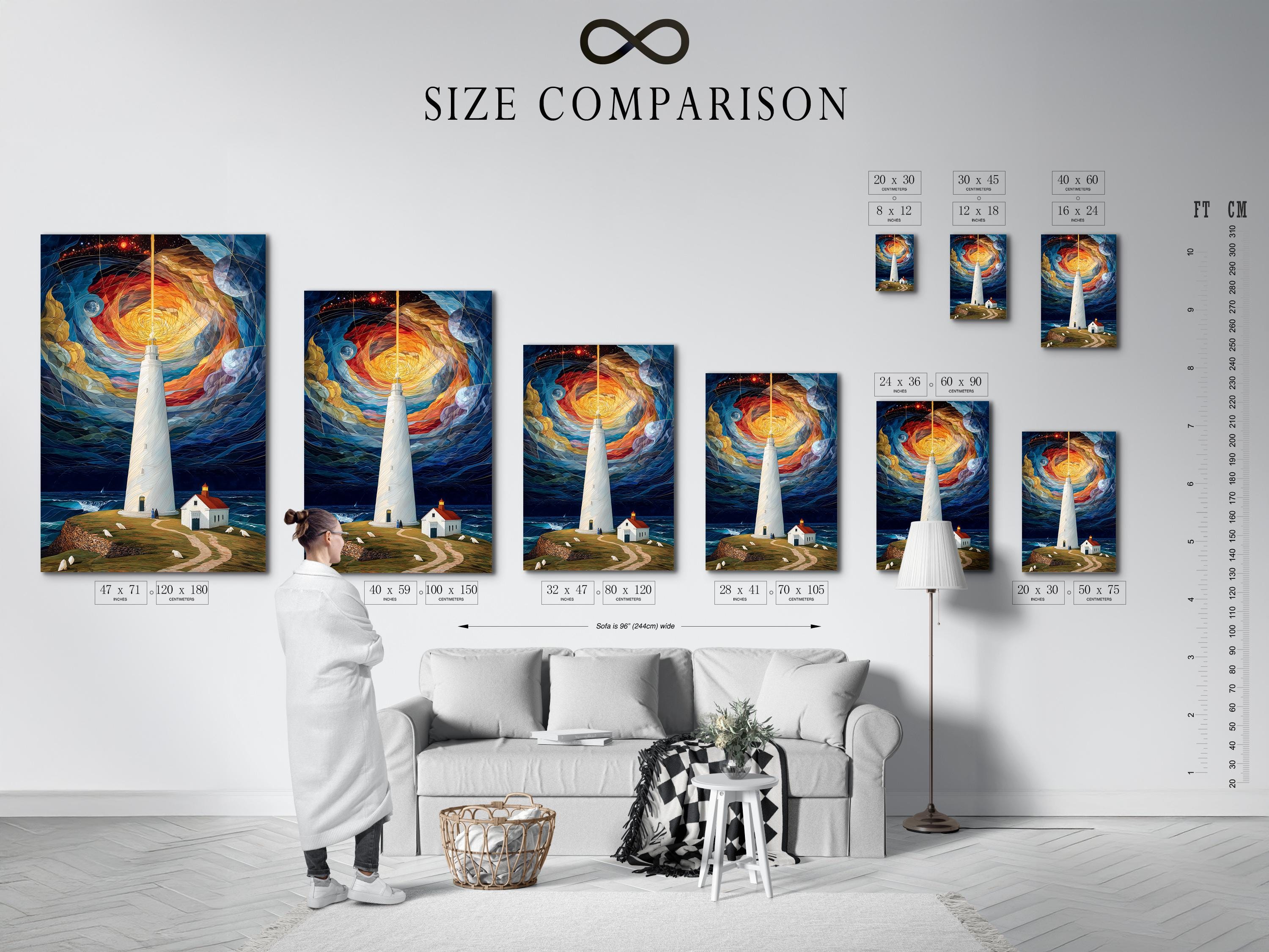 Lighthouse on a coastal shore under a swirling starry sky with glowing warm light detail view