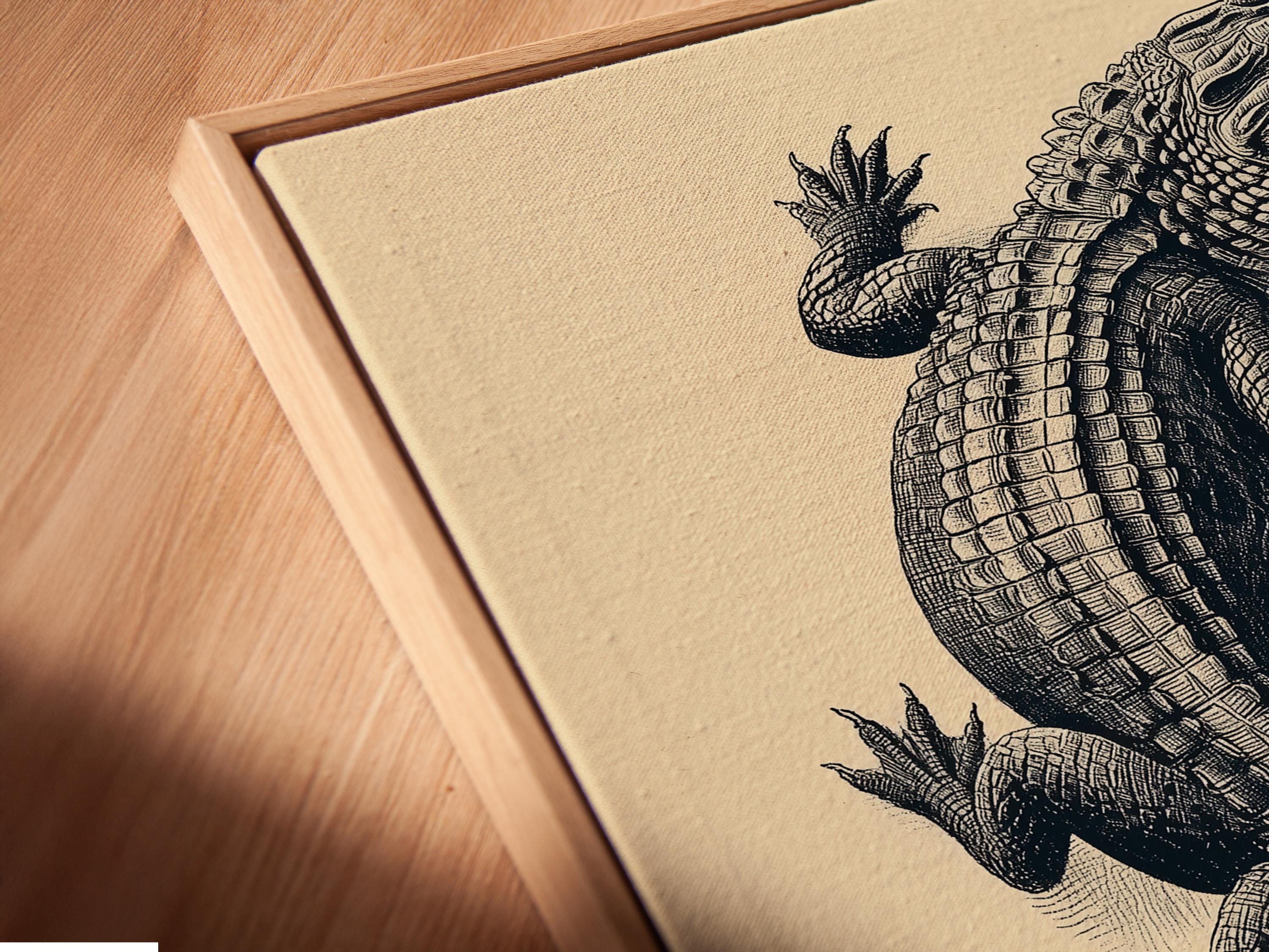 Room mockup showing framed alligator illustration above a wooden desk