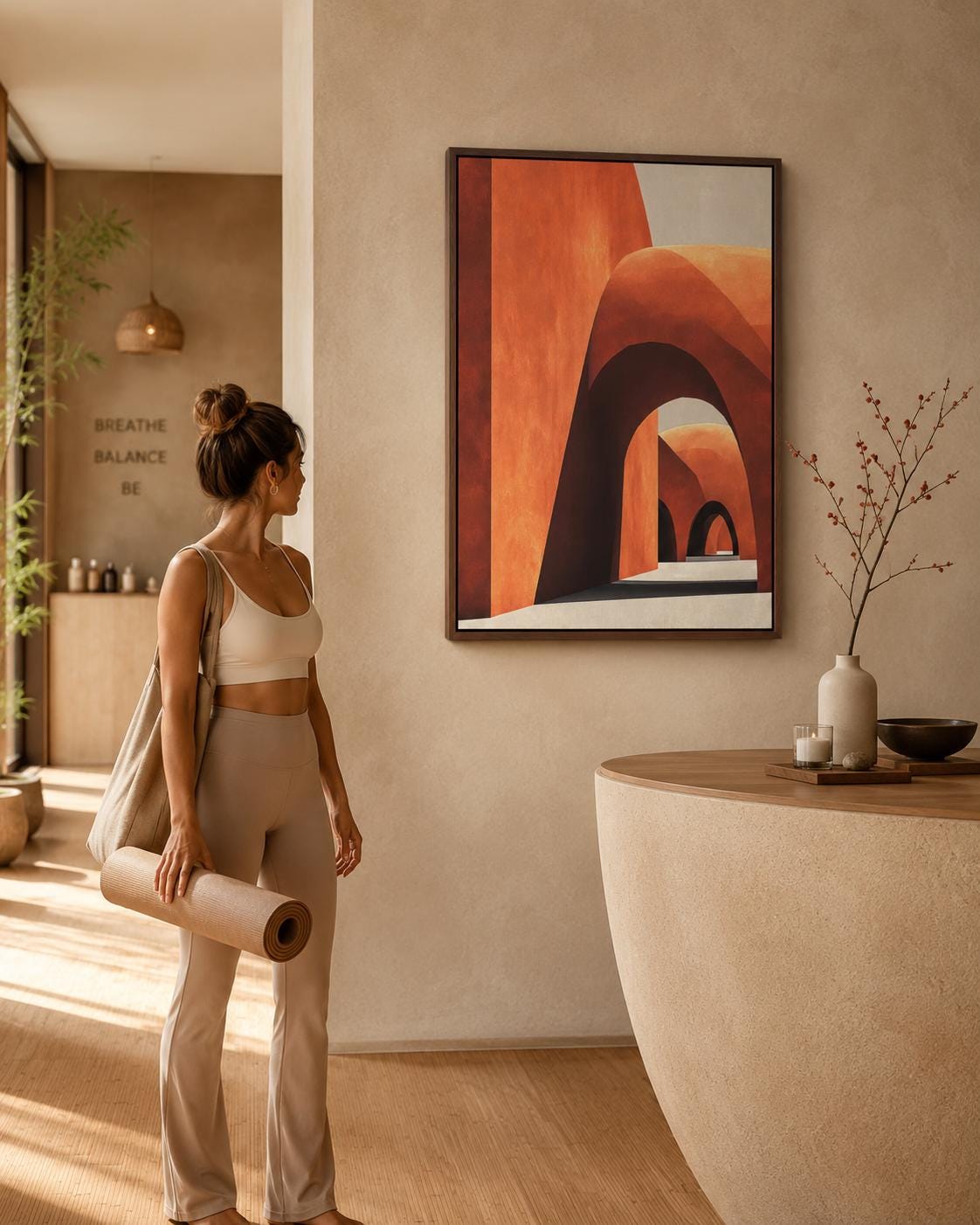 Abstract geometric archway artwork in terracotta, cream and dark outlines detail view
