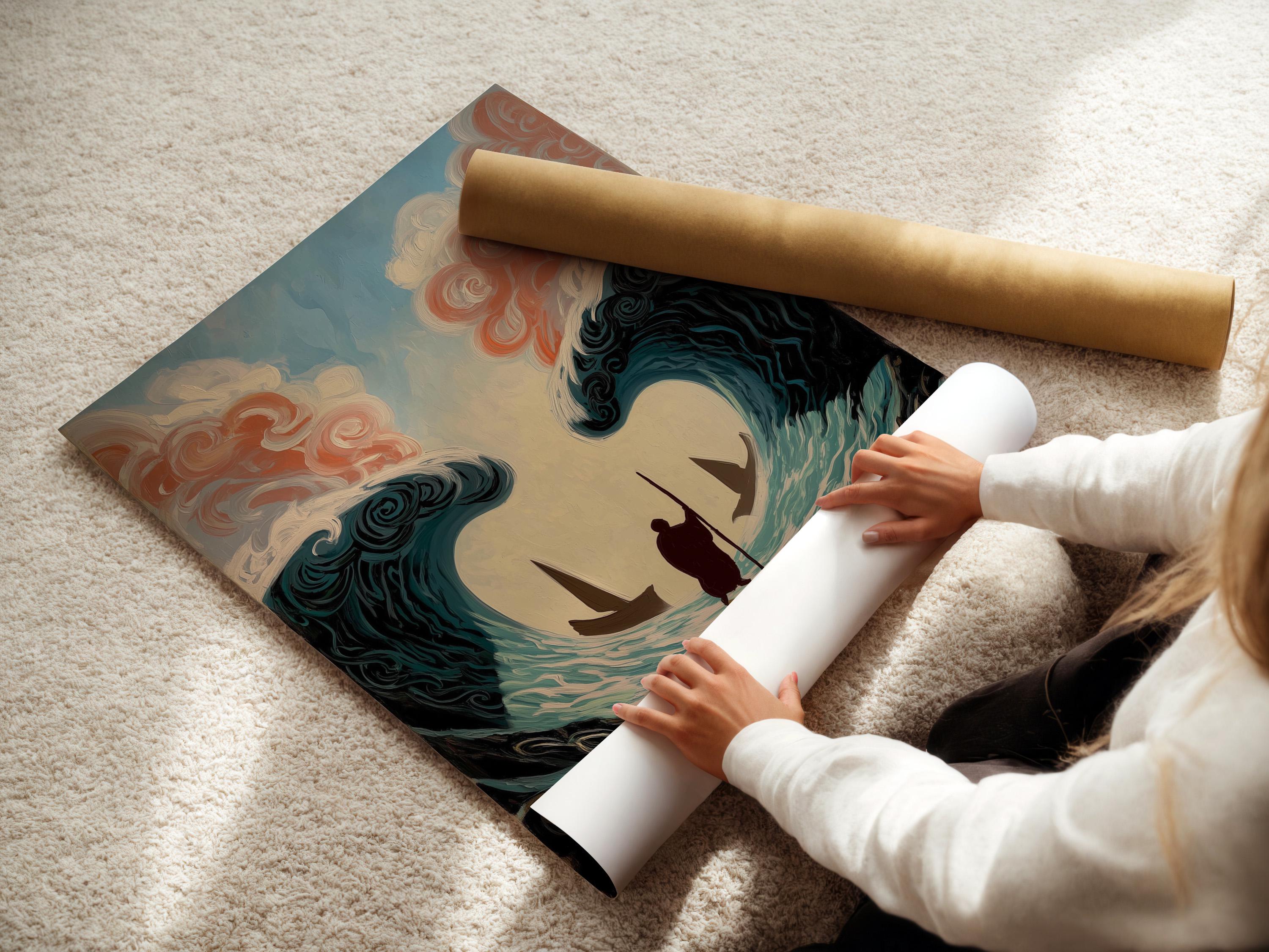 Artwork mockup showing an ocean waves painting on a wall with several angled frame previews