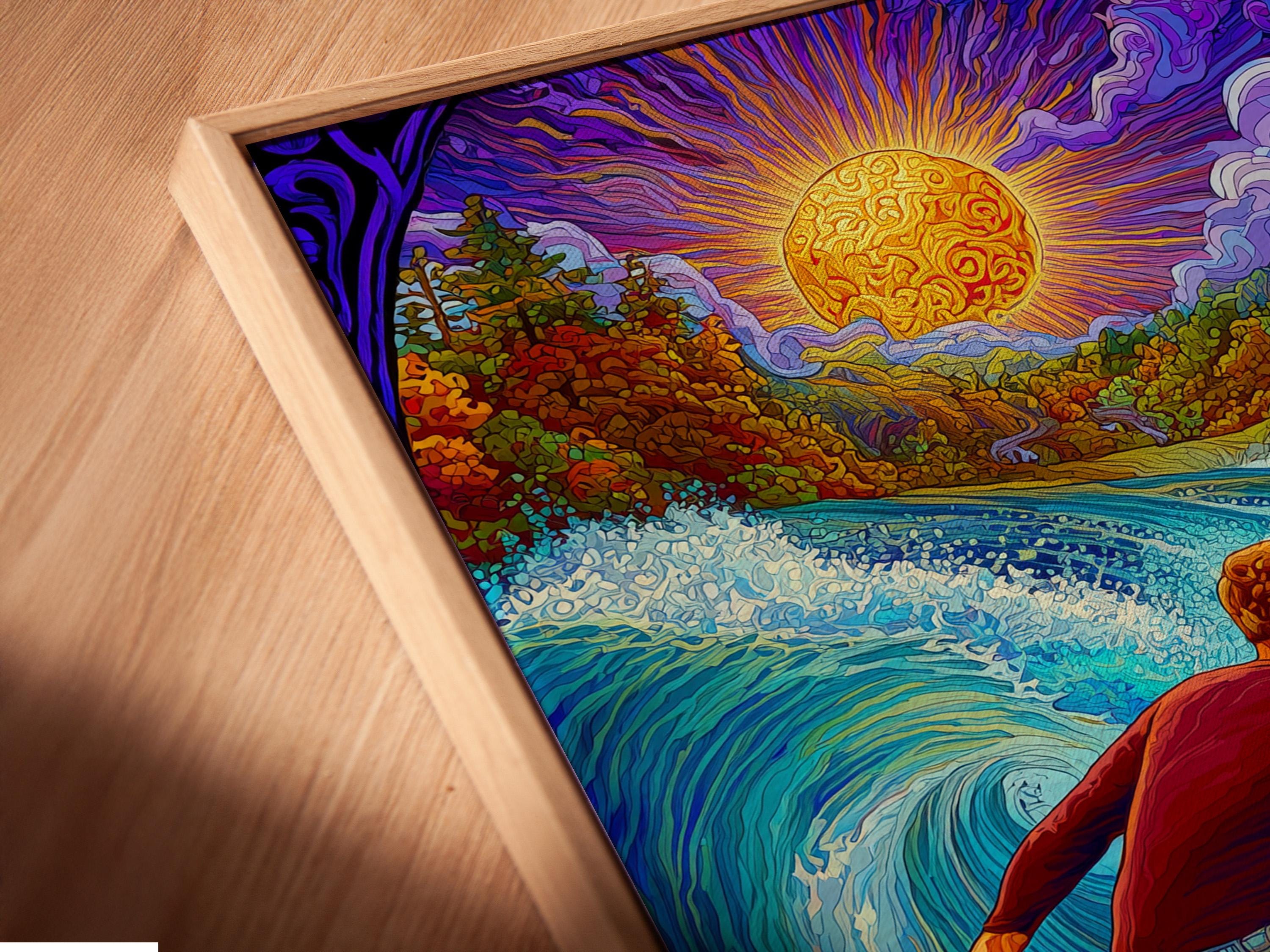 Psychedelic surfer scene with a glowing sun and vibrant ocean waves, in blue, purple and gold tones detail view
