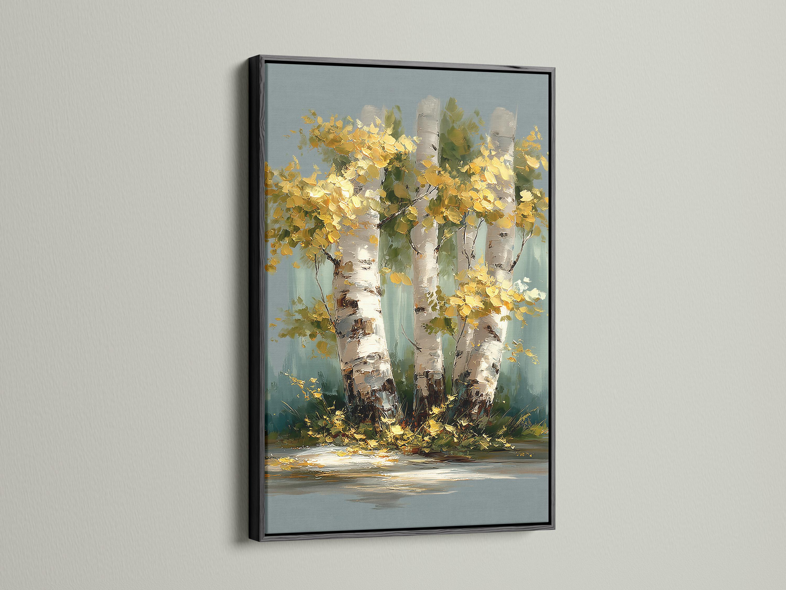 Autumn birch forest painting with golden leaves and white tree trunks on a blue-green background detail view