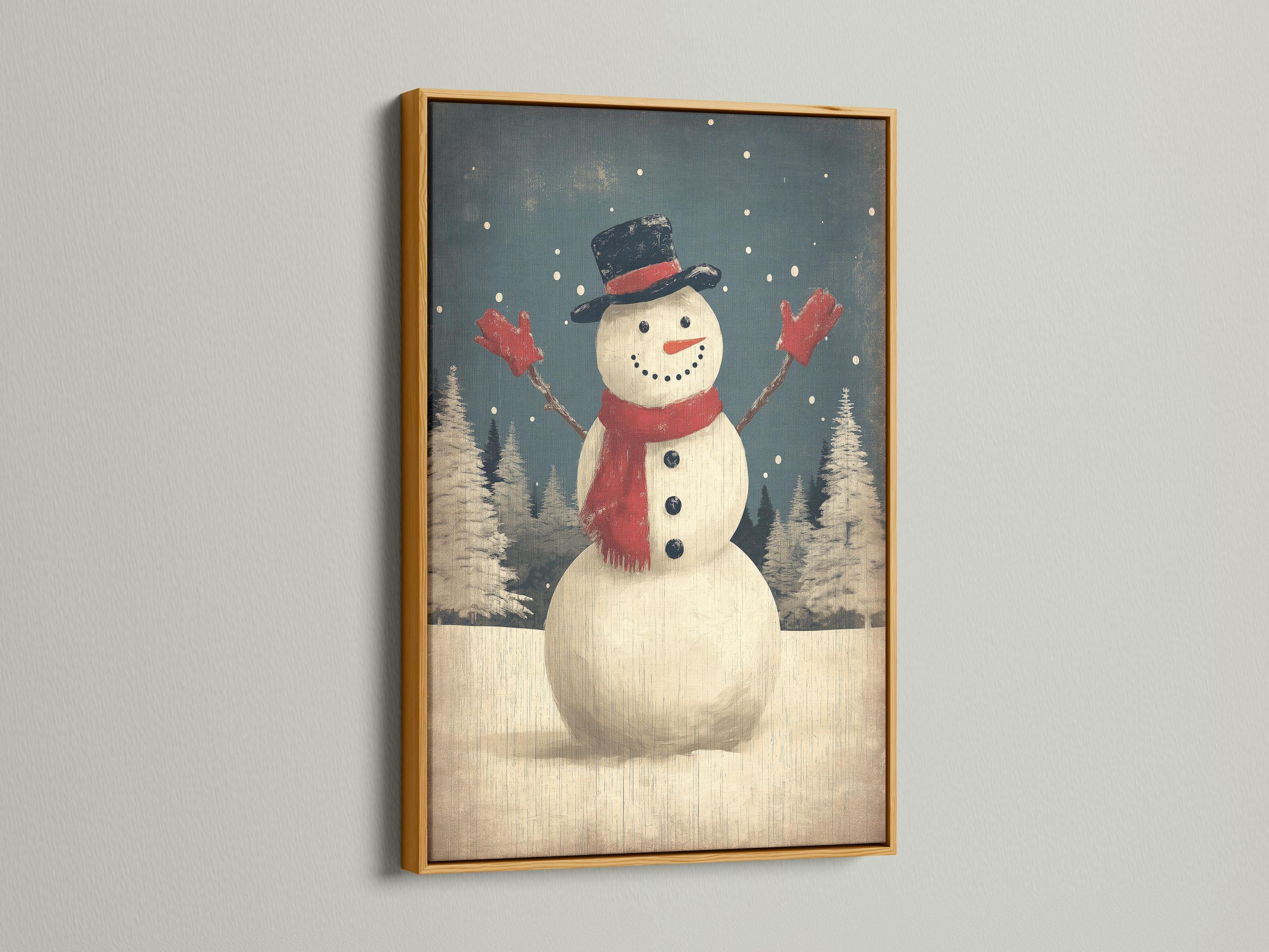 Snowman standing in falling snow with a dark top hat and red scarf in a winter forest scene detail view