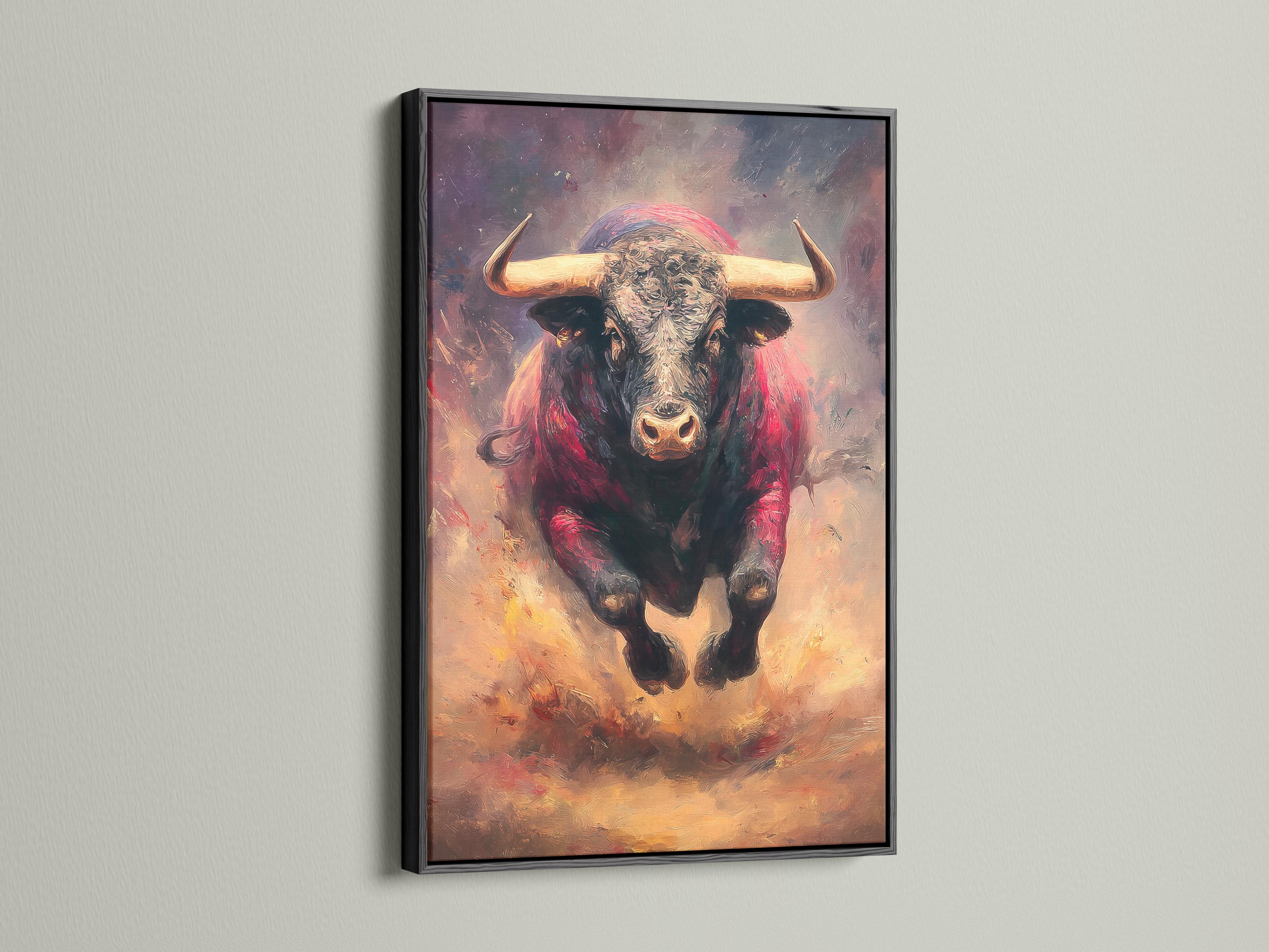 Charging bull portrait wall artwork in red and beige with curved horns detail view