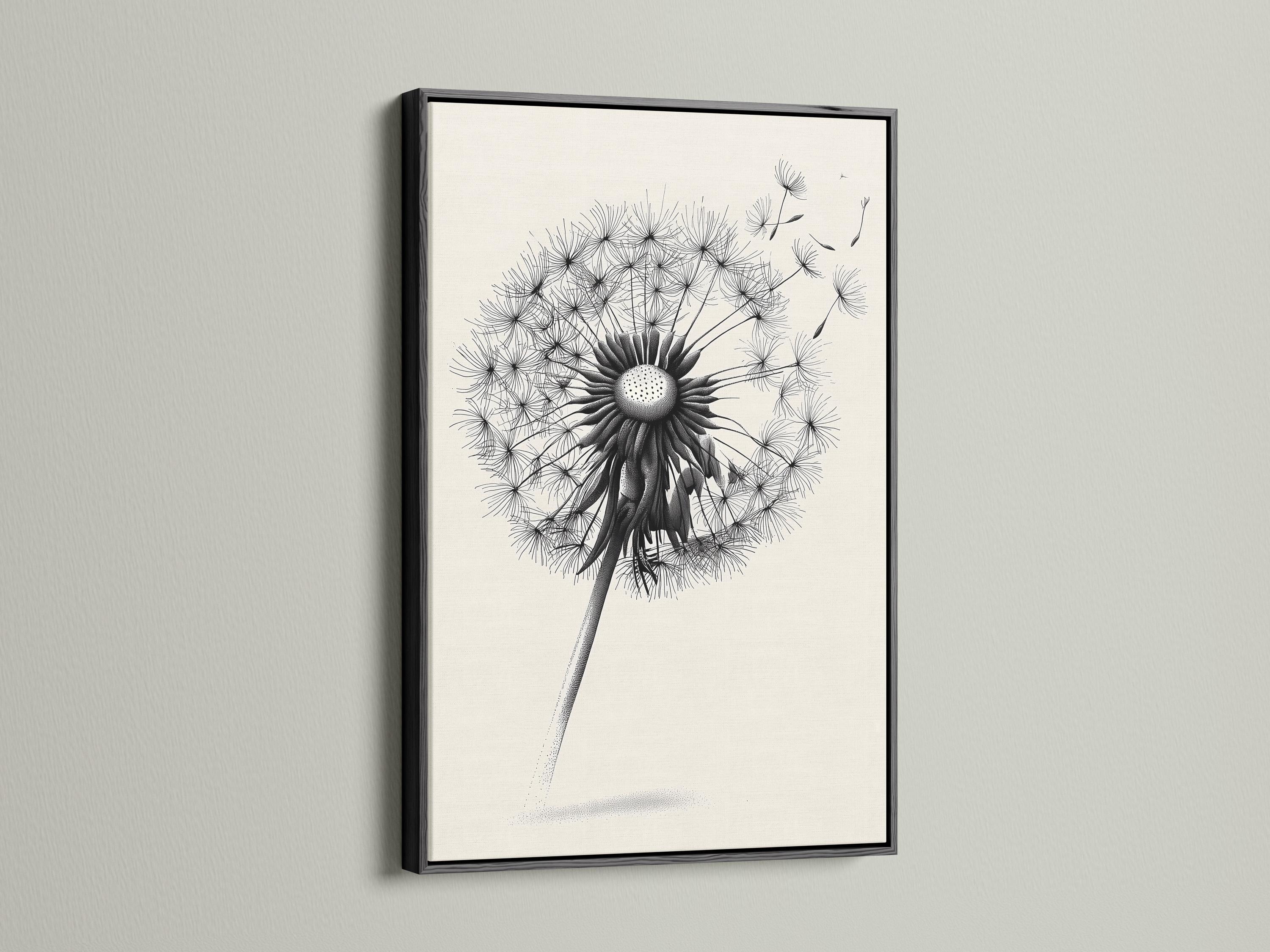 Minimalist black and white dandelion line illustration on a light background detail view