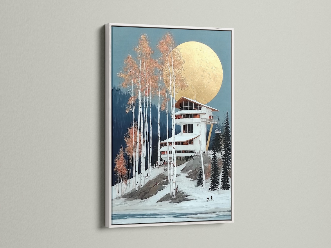 Winter ski lodge scene with a gold moon, snowy trees and a cabin detail view