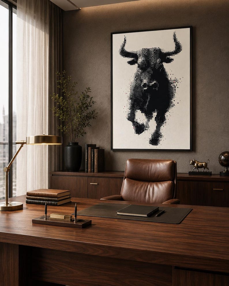 Black and white halftone bull head artwork with horns