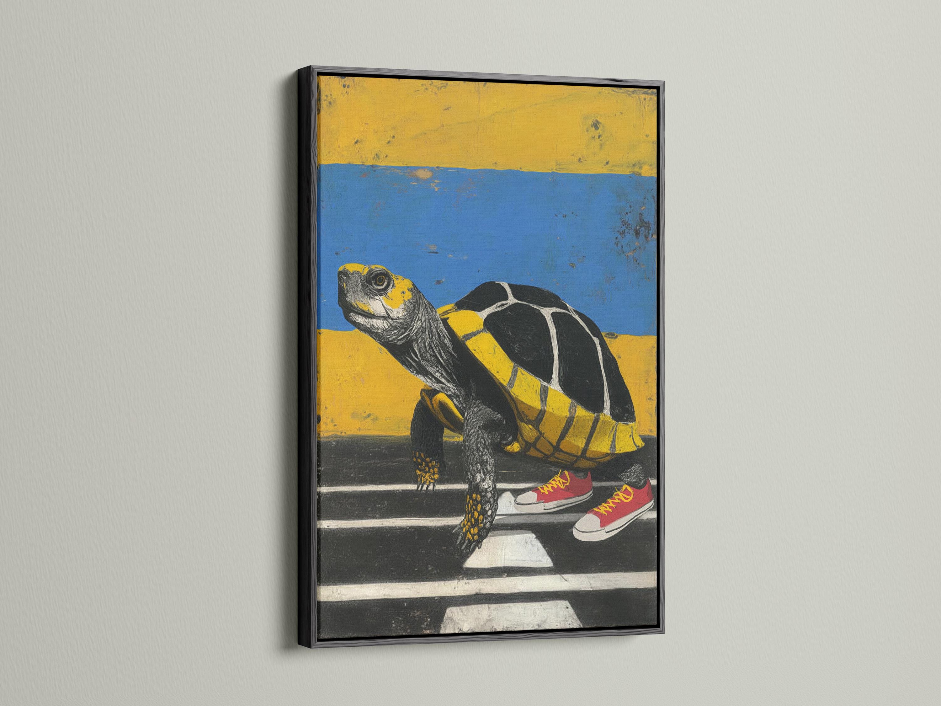 Stylised turtle wearing red sneakers on a road, with blue sky and yellow horizon detail view