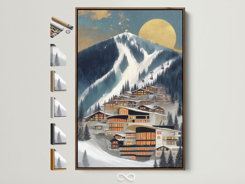 A winter mountain village scene shows warm chalet buildings below a snowy slope and a large sun, with a ski lift line and scattered pine trees