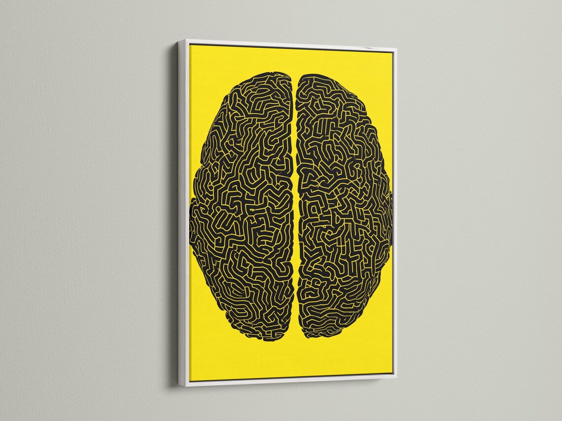 Two black brain silhouettes filled with maze-like lines on a yellow background detail view