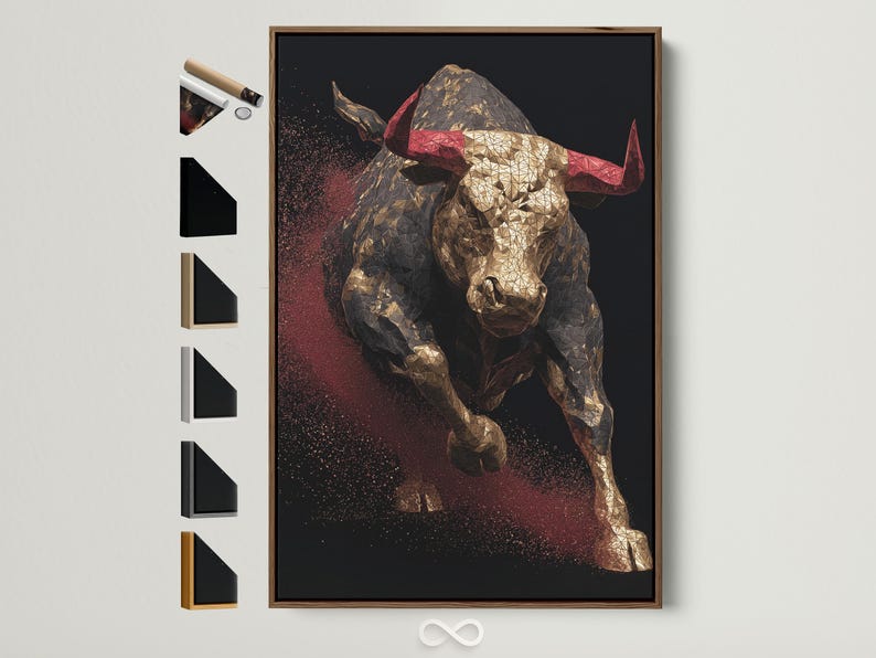 Geometric bull artwork with metallic gold facets and deep red speckles on a dark background