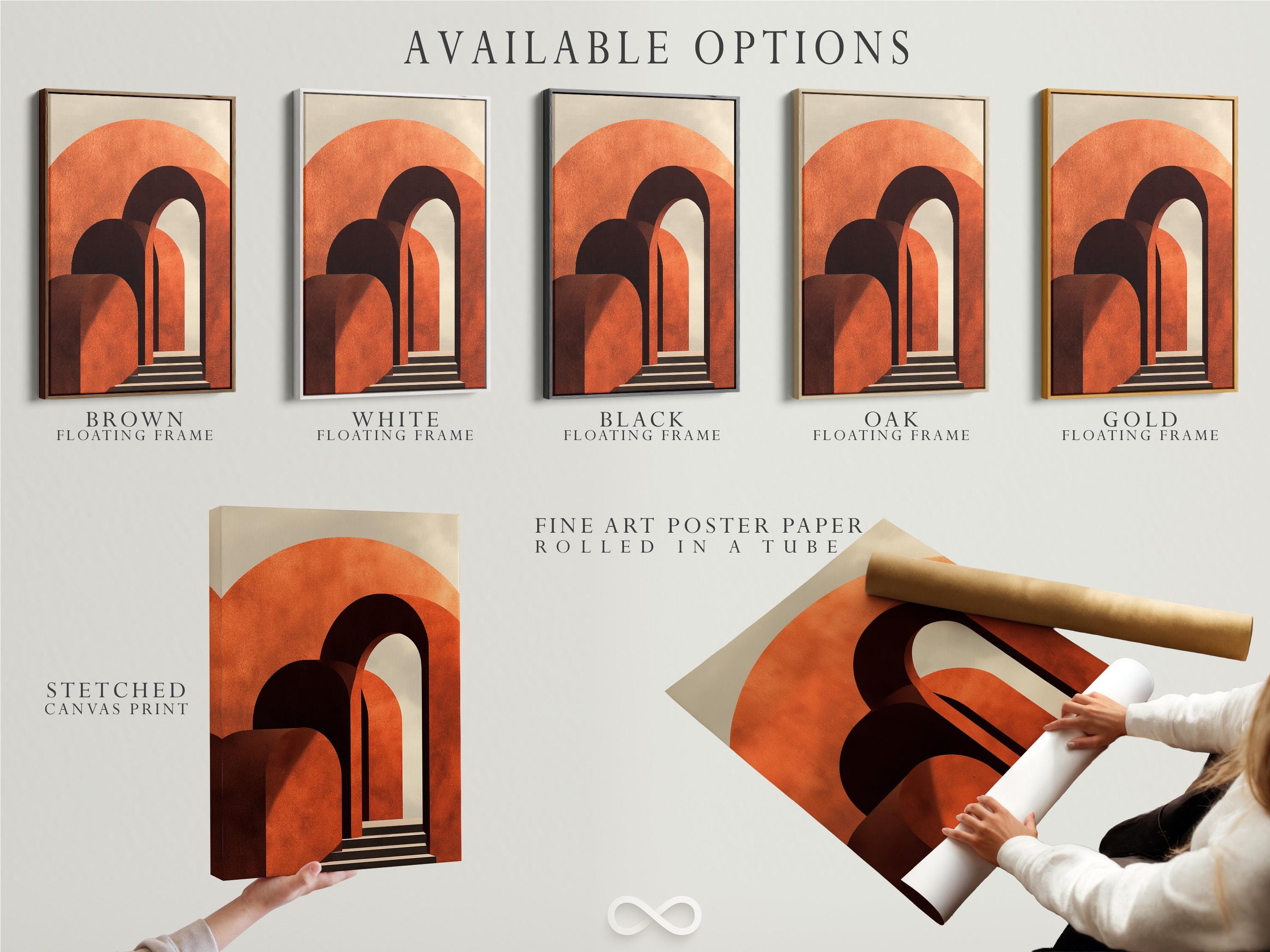 Abstract geometric archway artwork with burnt orange curves and dark charcoal doorway shapes detail view