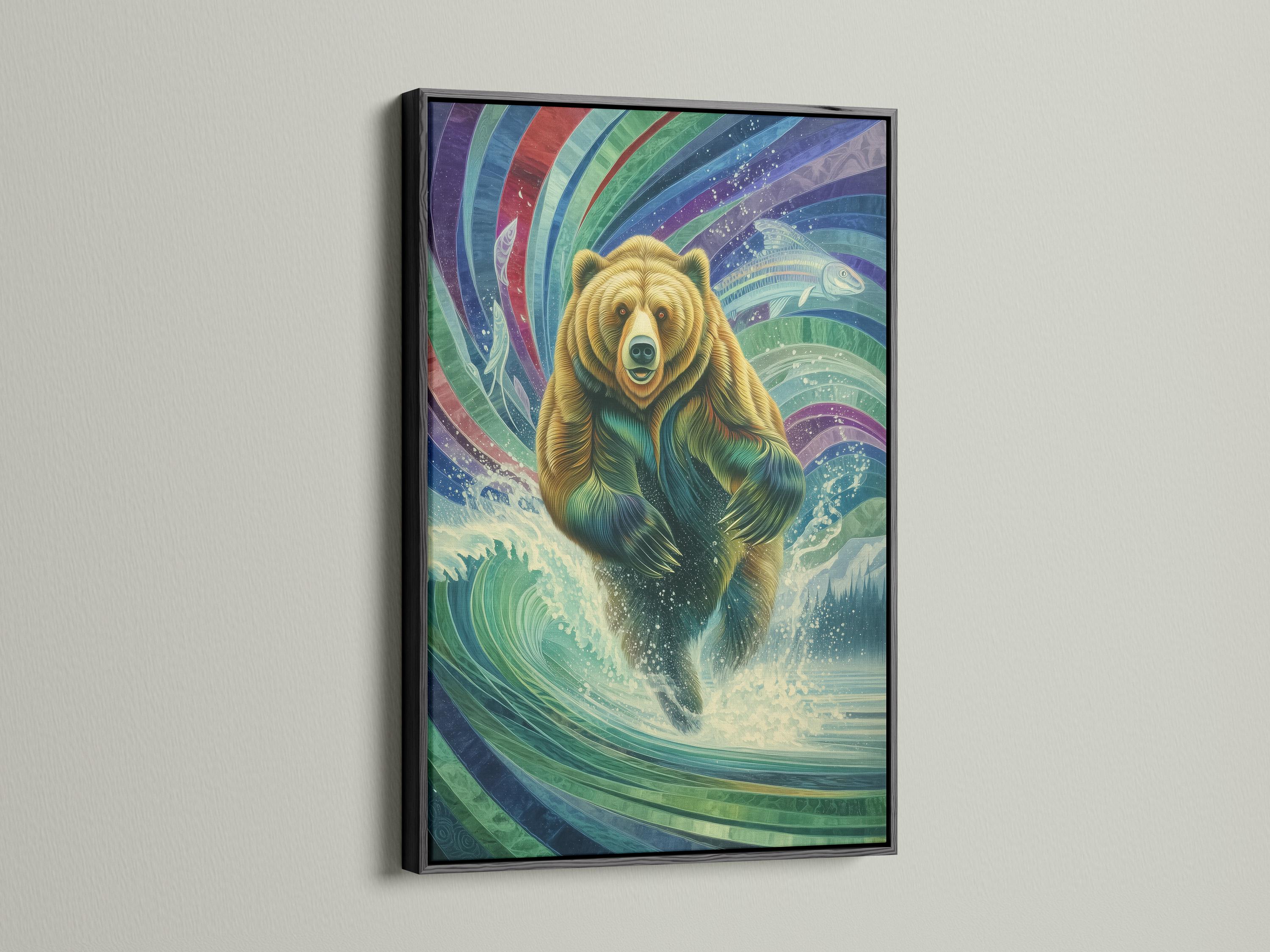 Framed artwork mockup showing a grizzly bear within colourful wave patterns and a fish