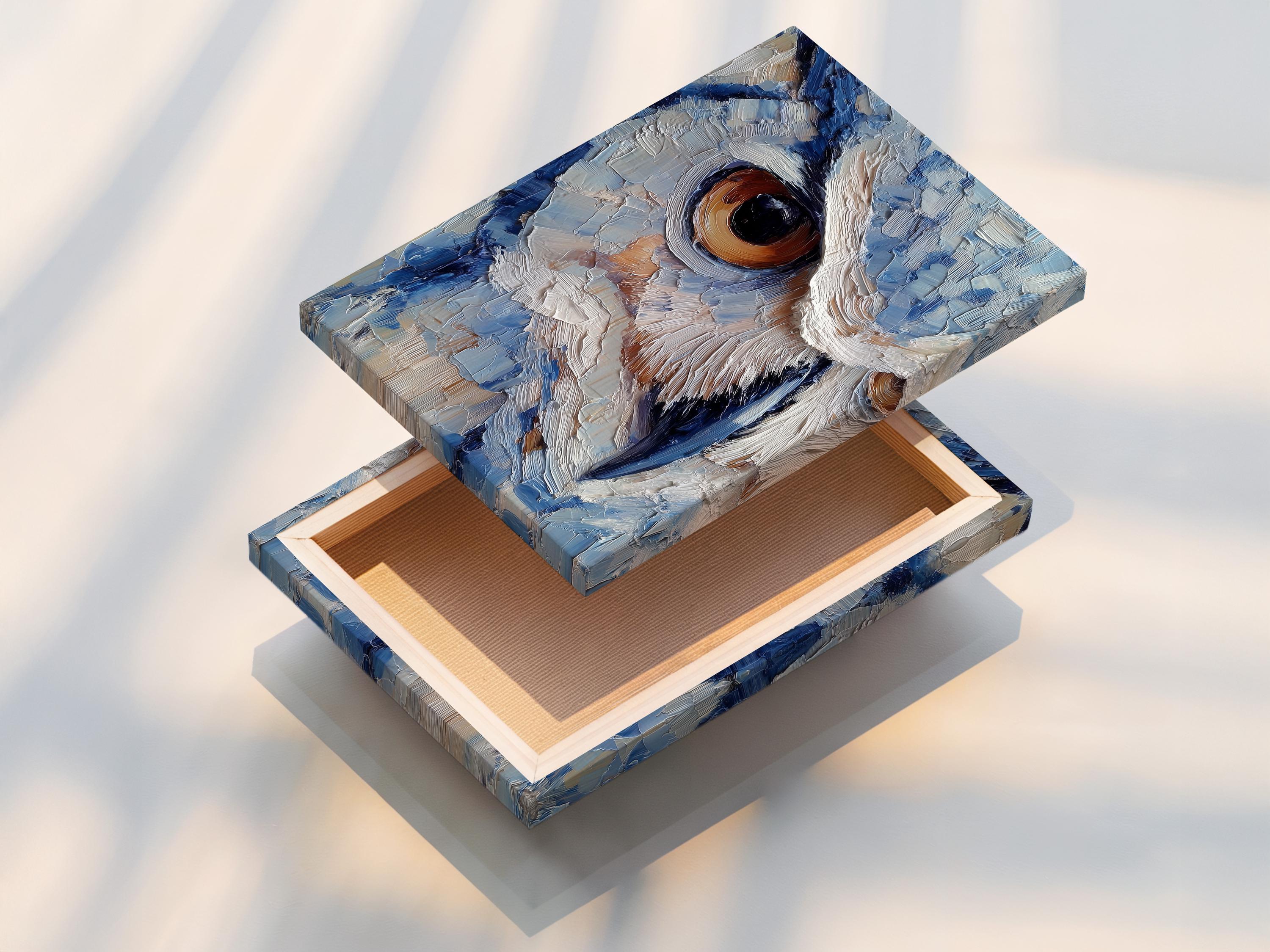 Room scene with a framed blue owl painting above a desk where a person writes in a book