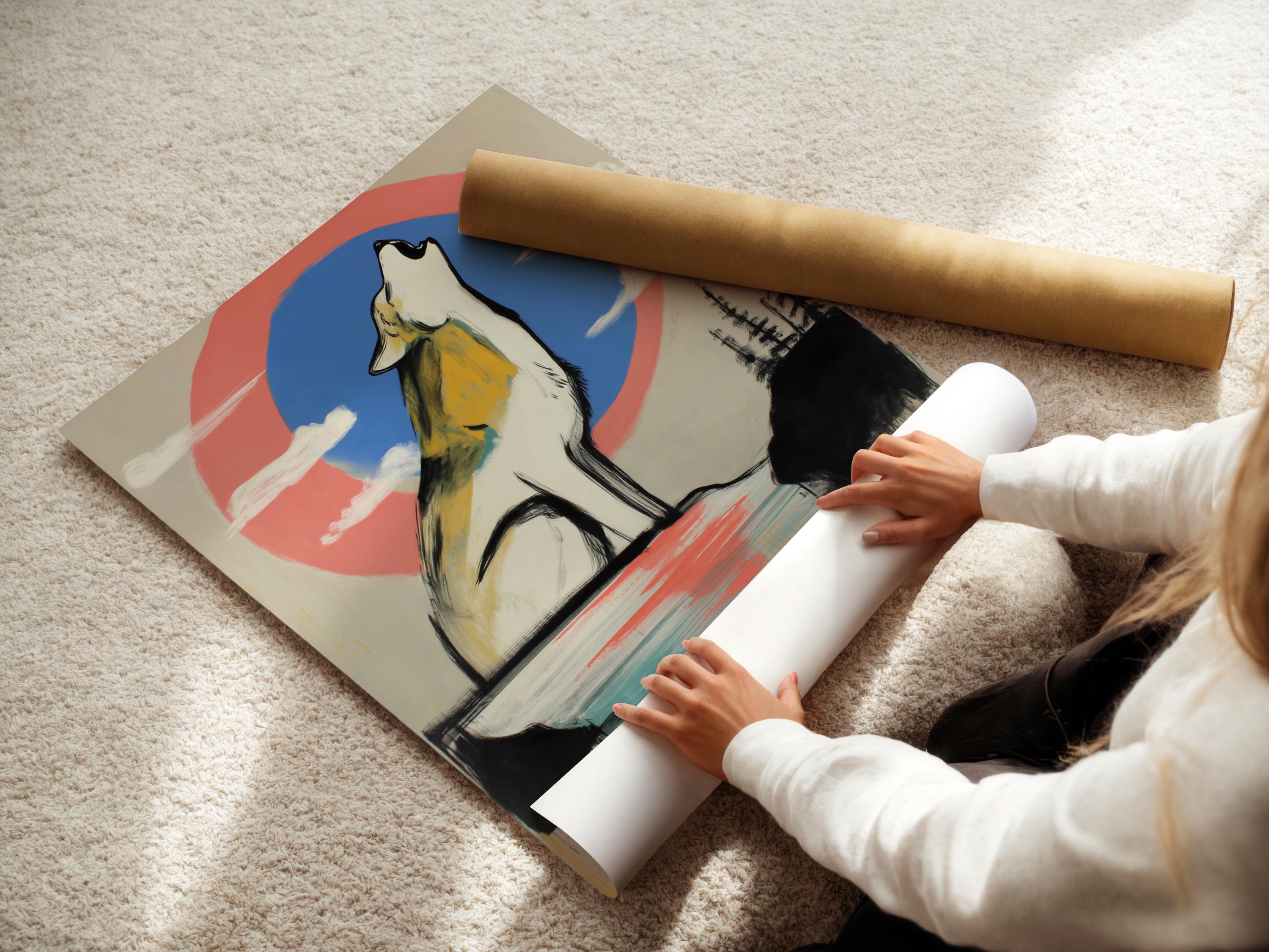 Stylised howling wolf in white and yellow with coral and blue sky circle and reflective lake detail view