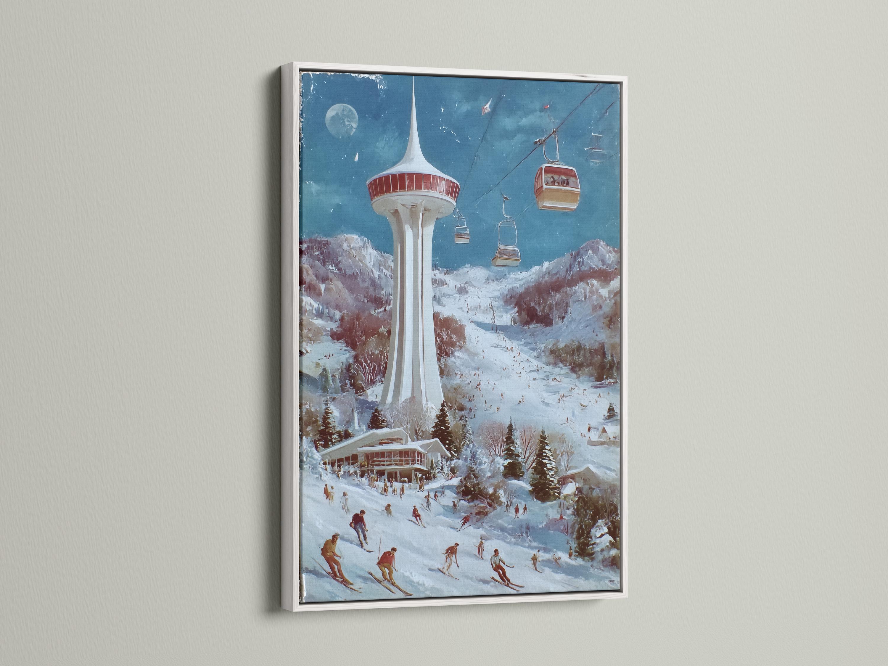 Winter ski resort scene with a tall tower, cable cars and skiers on snowy slopes detail view