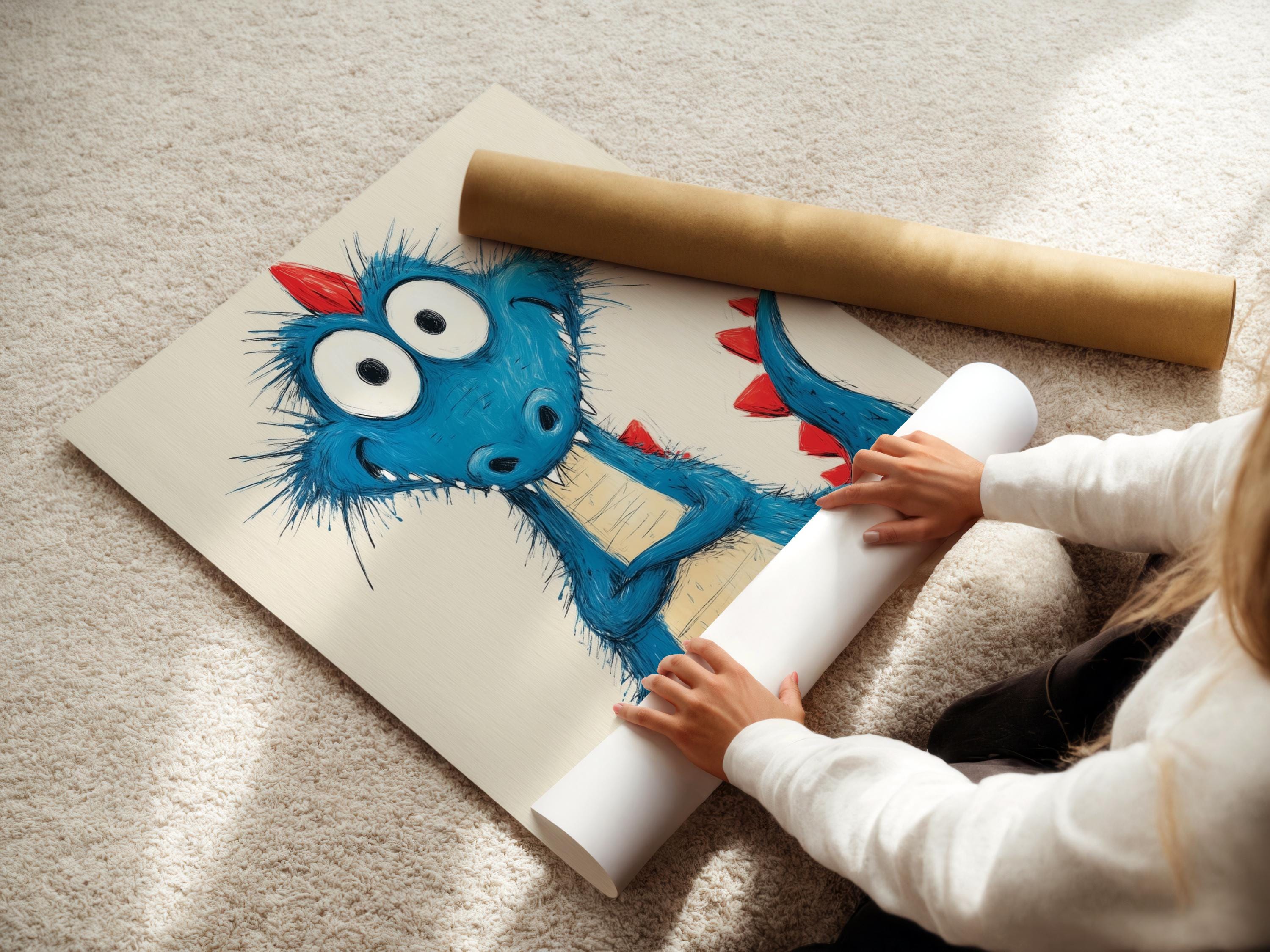 Room mockup showing a framed cartoon blue dragon artwork
