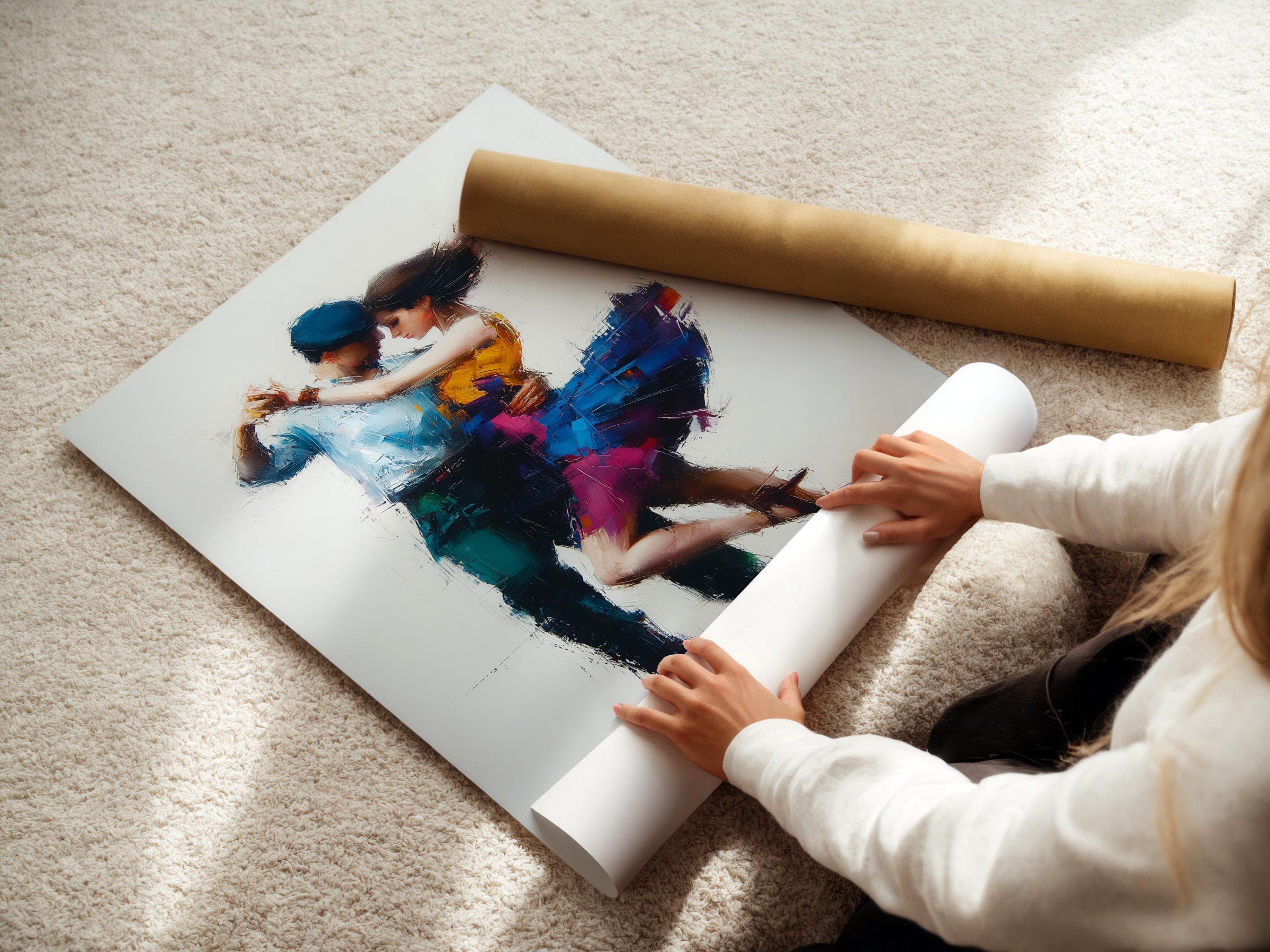 Painterly blue and yellow tango couple embracing in motion detail view