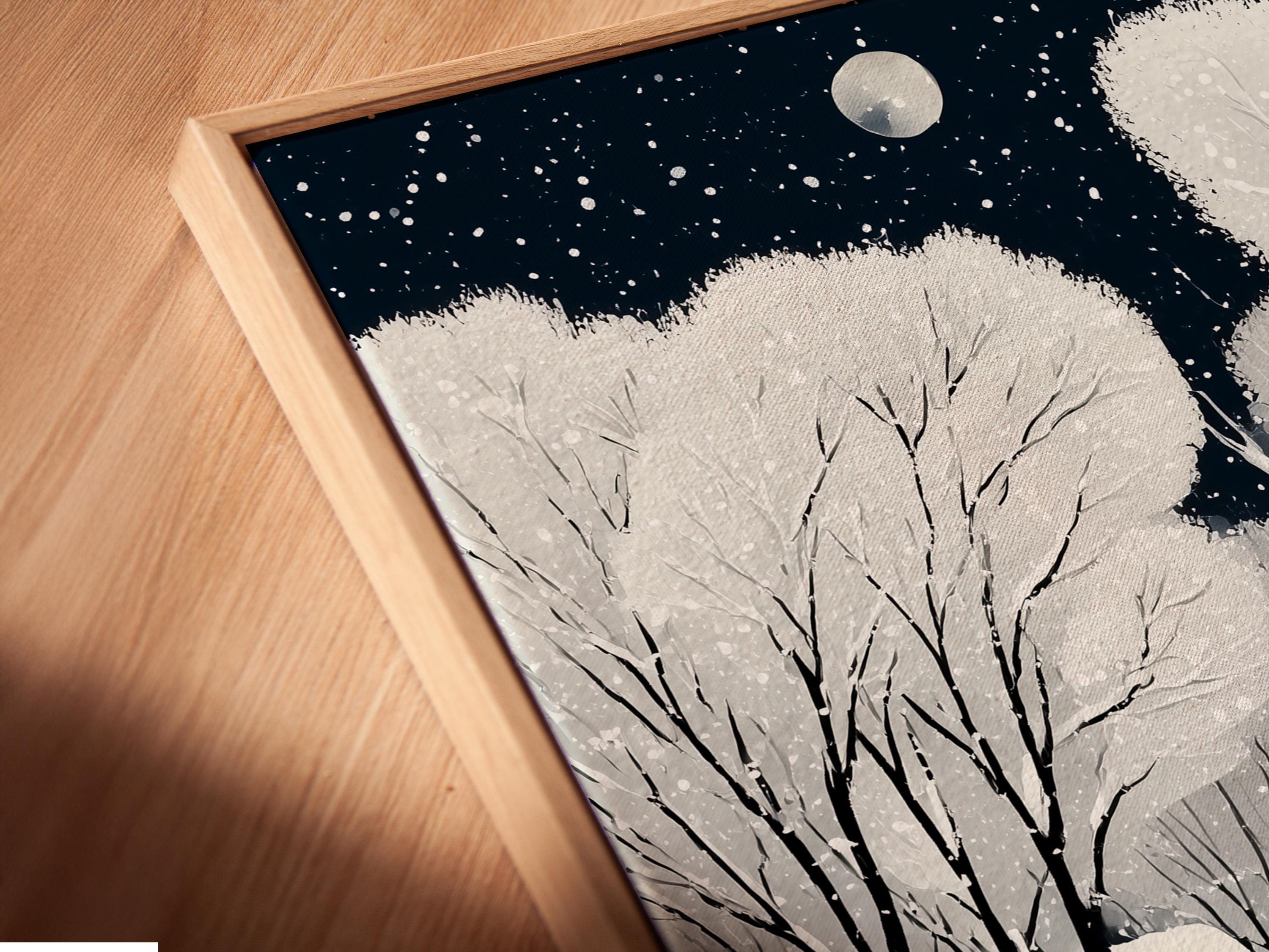 Snowy winter village at night with a full moon, bare trees, and houses with falling snow detail view