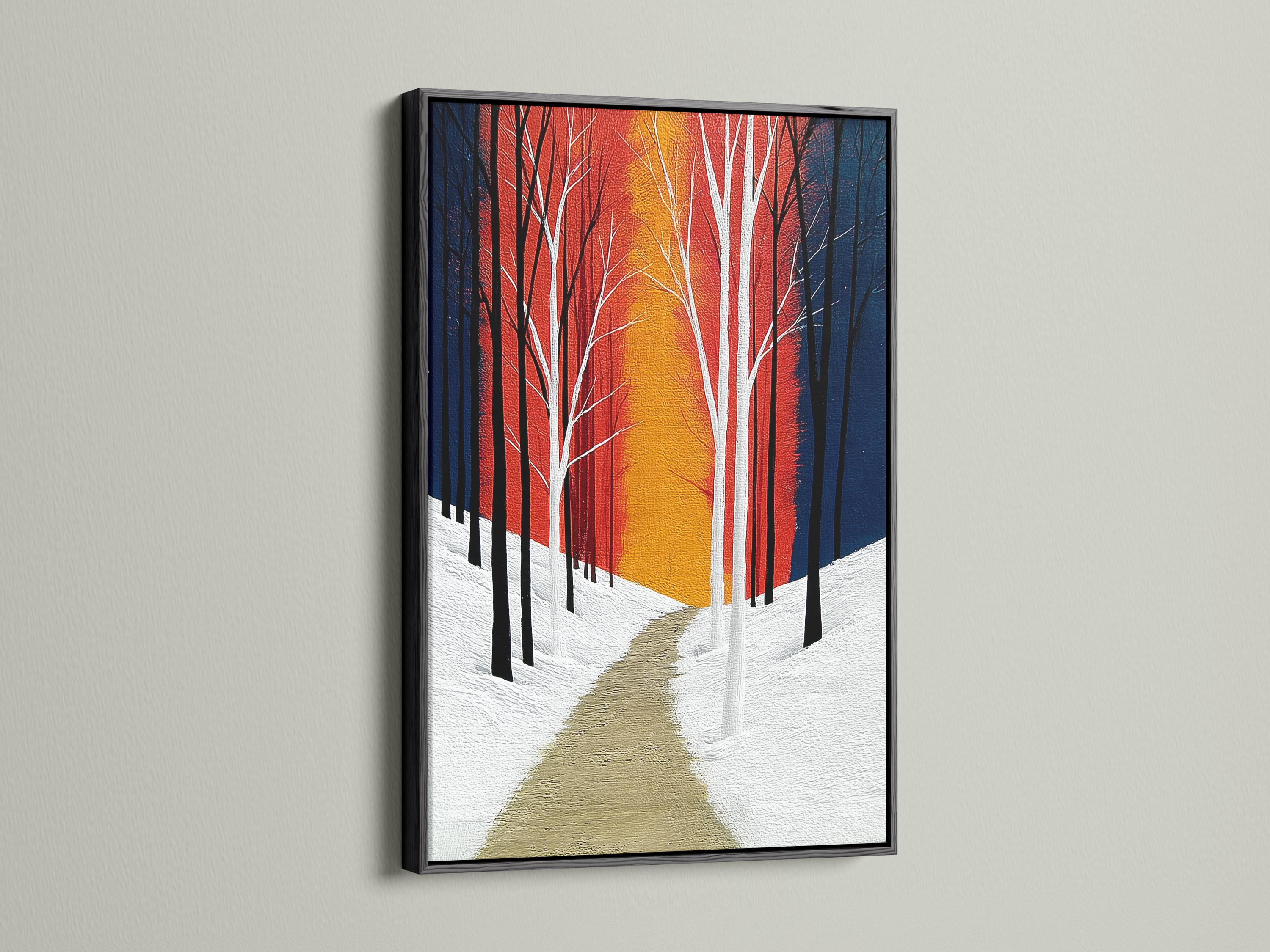 Winter forest artwork with tall leafless trees, a snowy path, and red blue gold sunset colours detail view