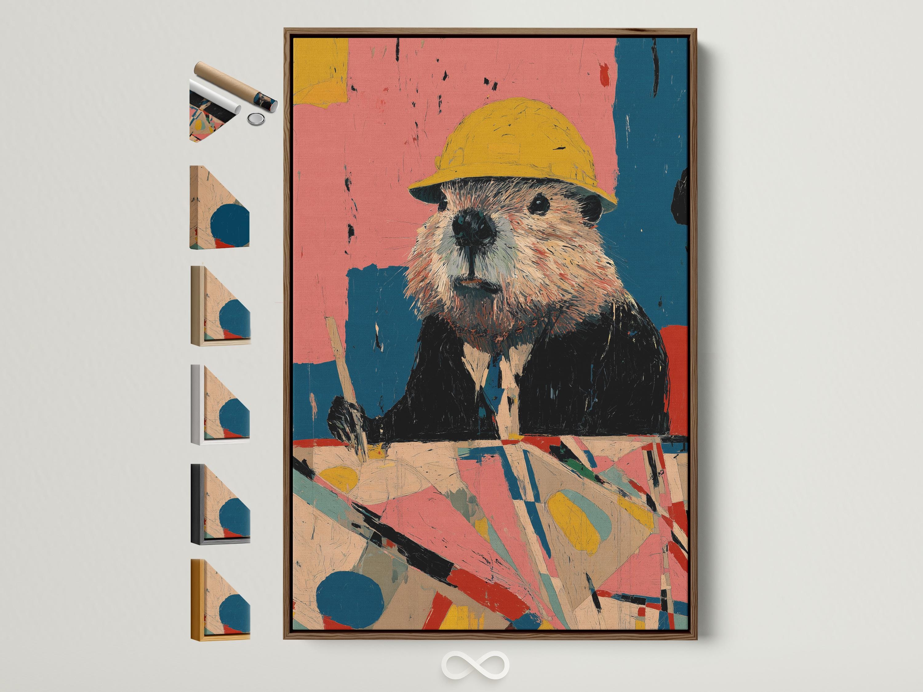 A person near a table installing a framed artwork featuring a beaver with a yellow hard hat