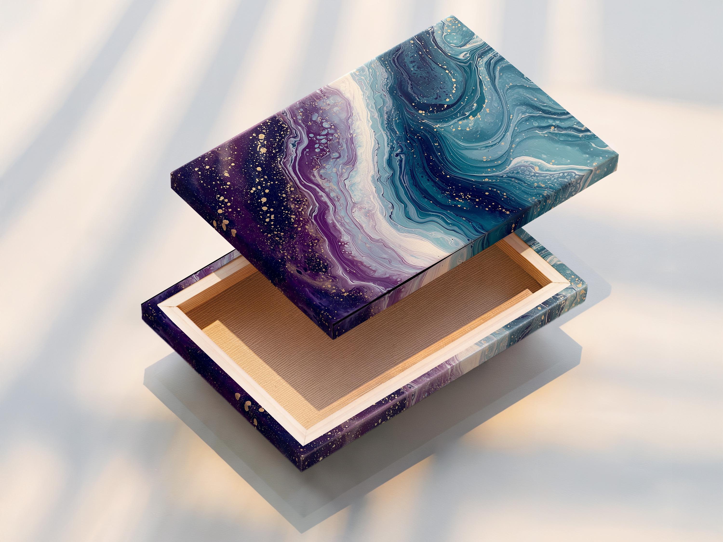 Fluid abstract wave artwork with teal, purple and gold swirls and speckles detail view