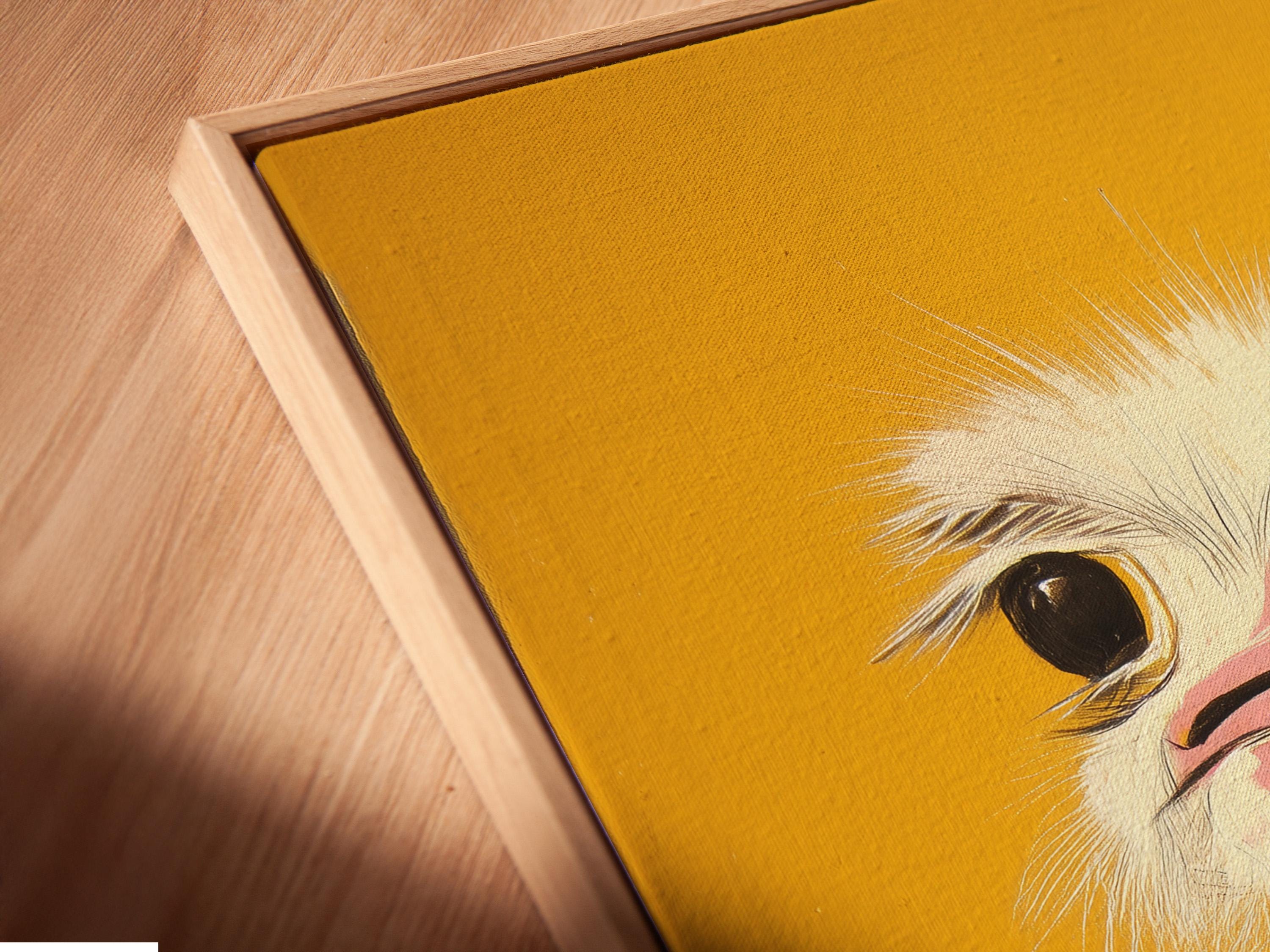 Stylised ostrich head portrait in mustard yellow with white feathers, dark eyes and a pink beak interior detail view