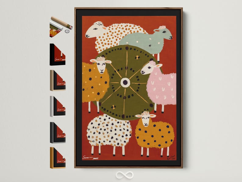 Colourful folk-style sheep illustration with a central wheel motif on a warm orange background